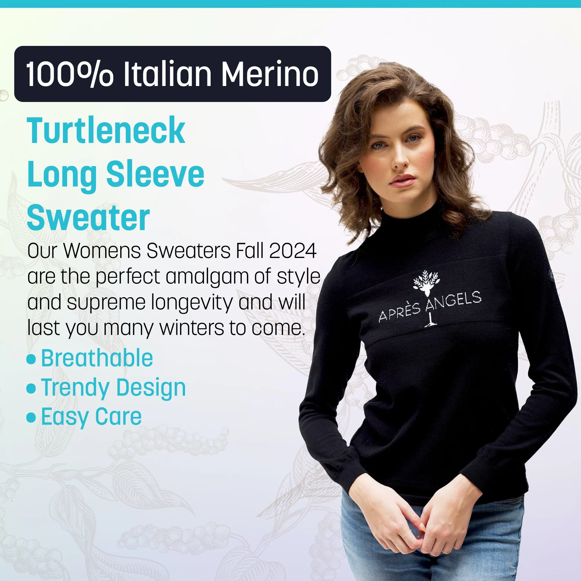 100% Italian Merino Wool Aspen Sweater Turtleneck Long Sleeve Merino Sweater