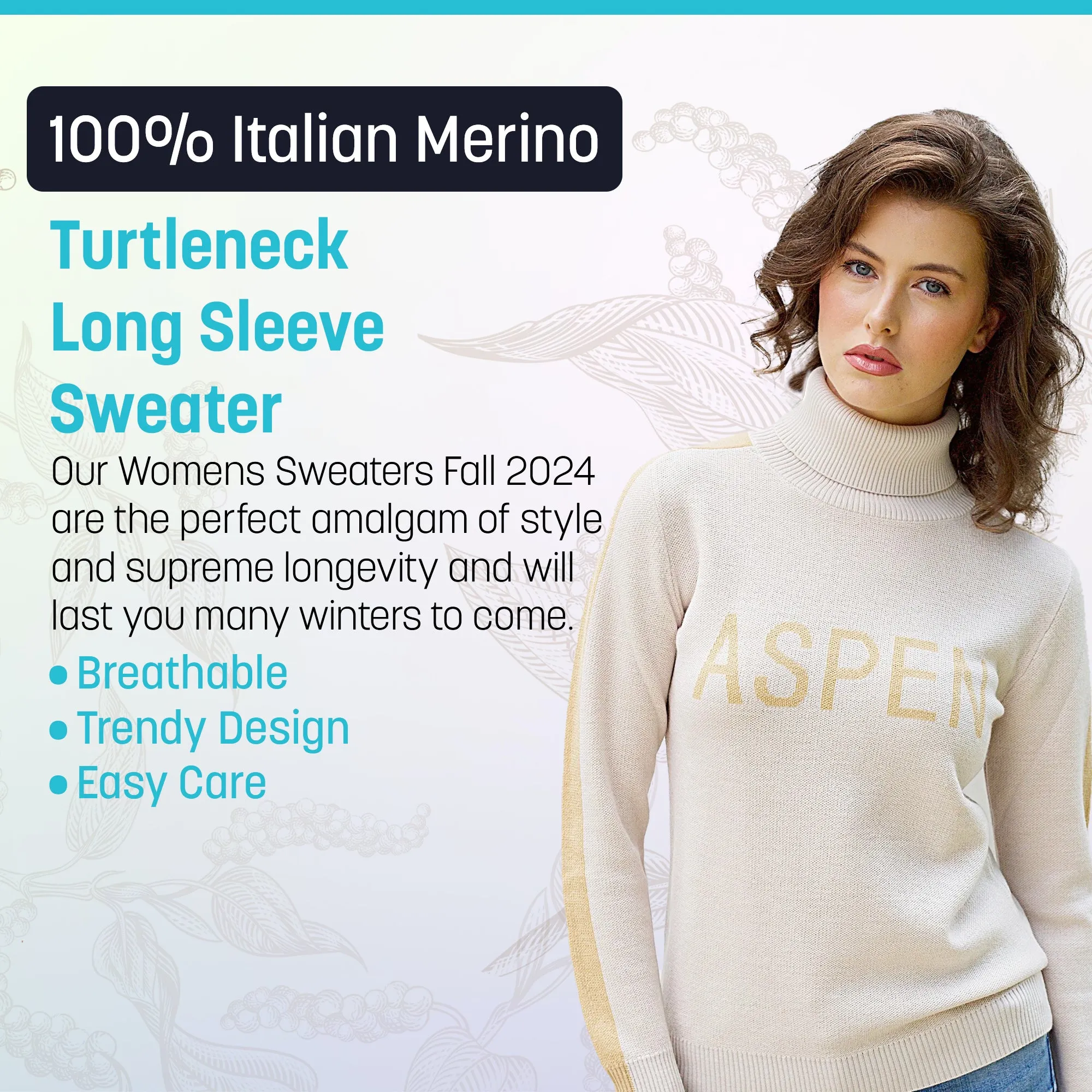 100% Italian Merino Wool Aspen Sweater Turtleneck Long Sleeve Warm Soft Knitted