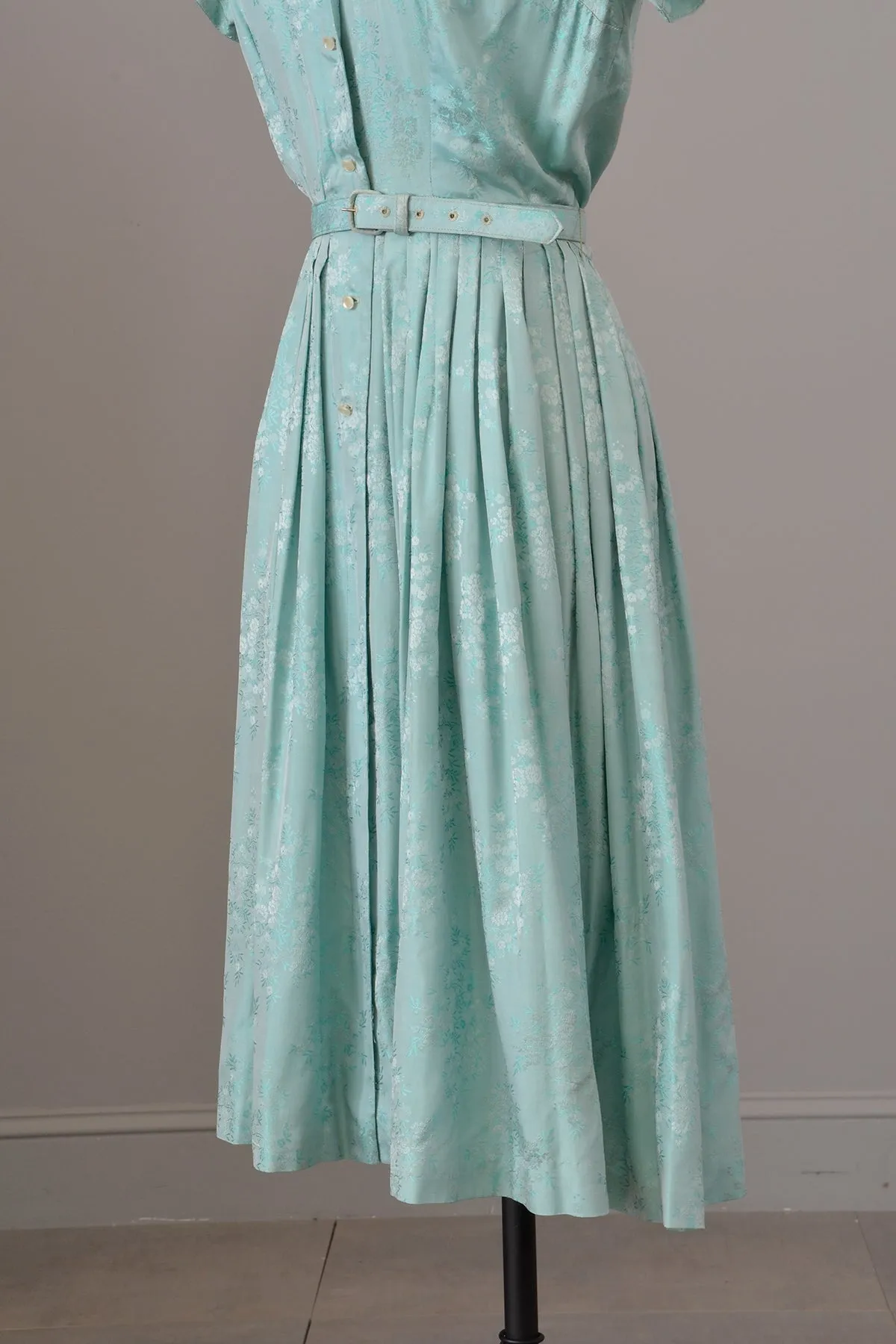 1950s Aqua Blue Jacquard Fit and Flare Shirtwaist Dress