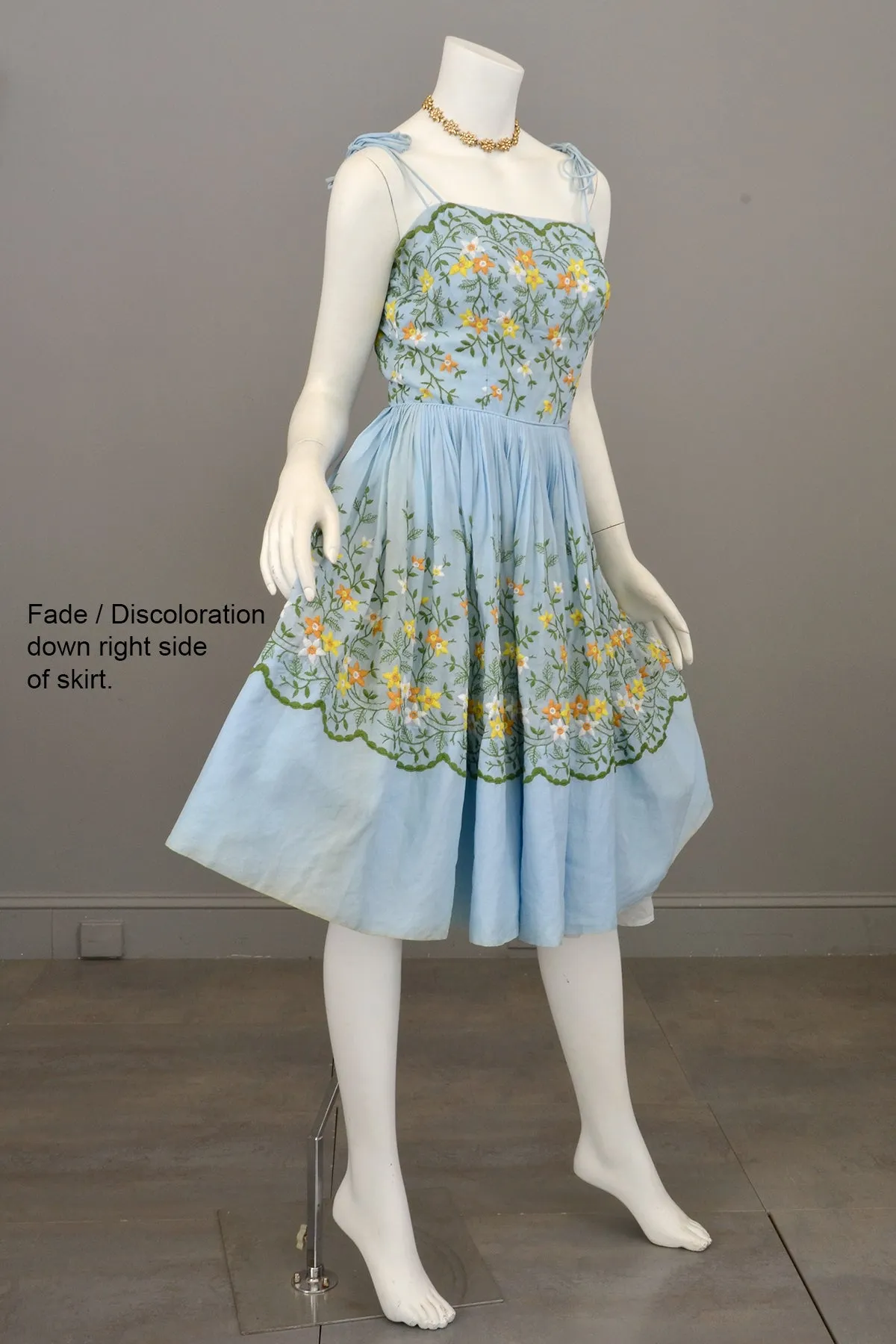 1950s Pale Sky Blue Embroidered Patio Dress | 1950s Party Dress | 1950s Embroidered Patio Dress