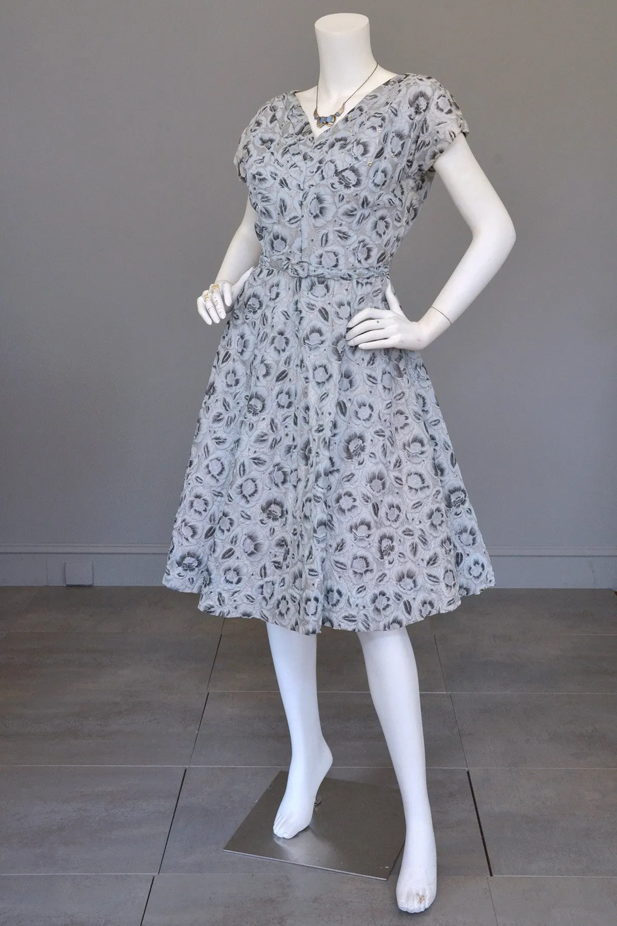 1950s Powder Blue with Rhinestone Bodice Vintage Party Dress Novelty Floral Print, Medium