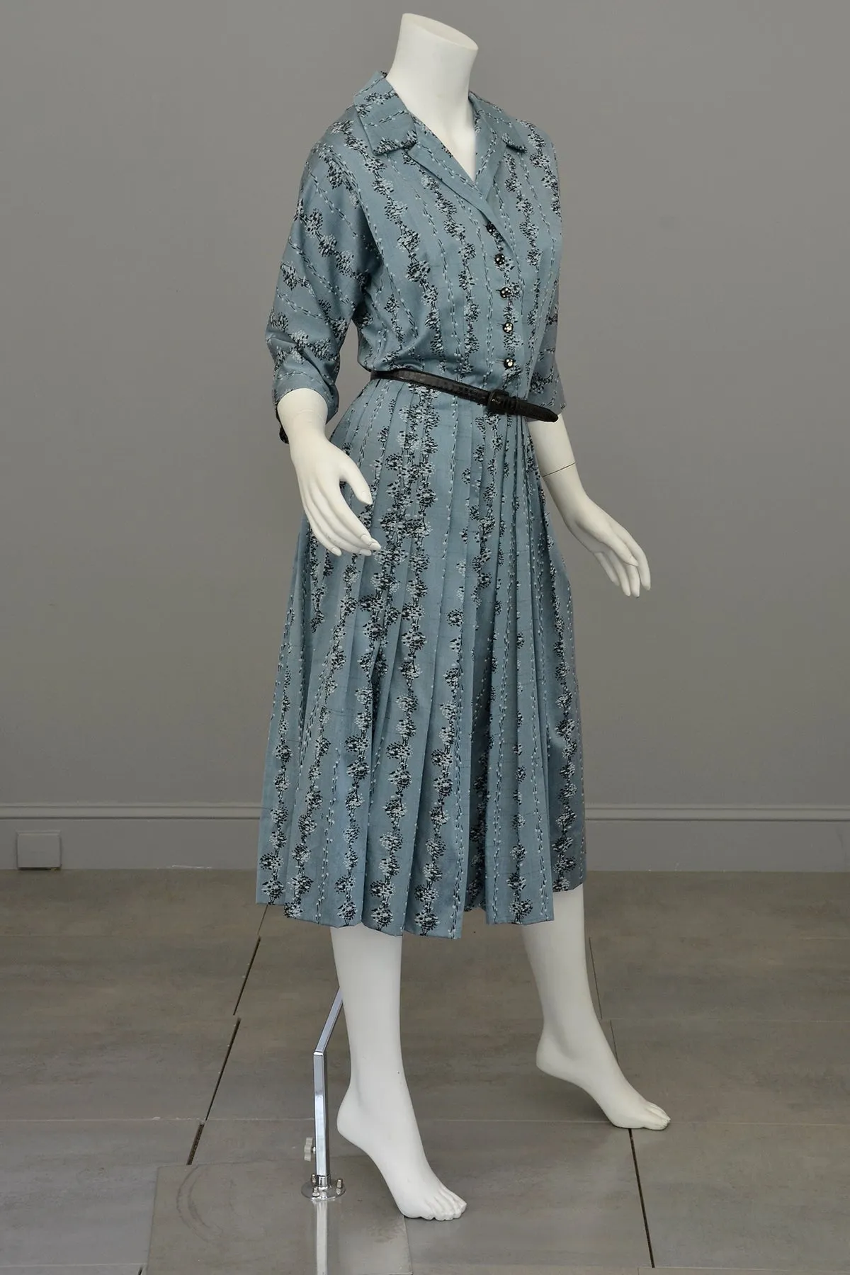 1950s Slate Blue Atomic Print Dress