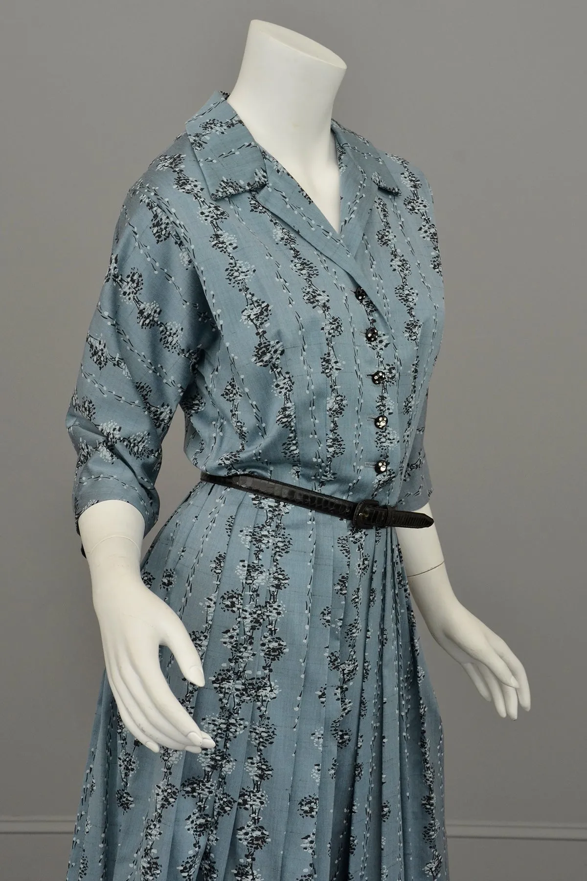 1950s Slate Blue Atomic Print Dress