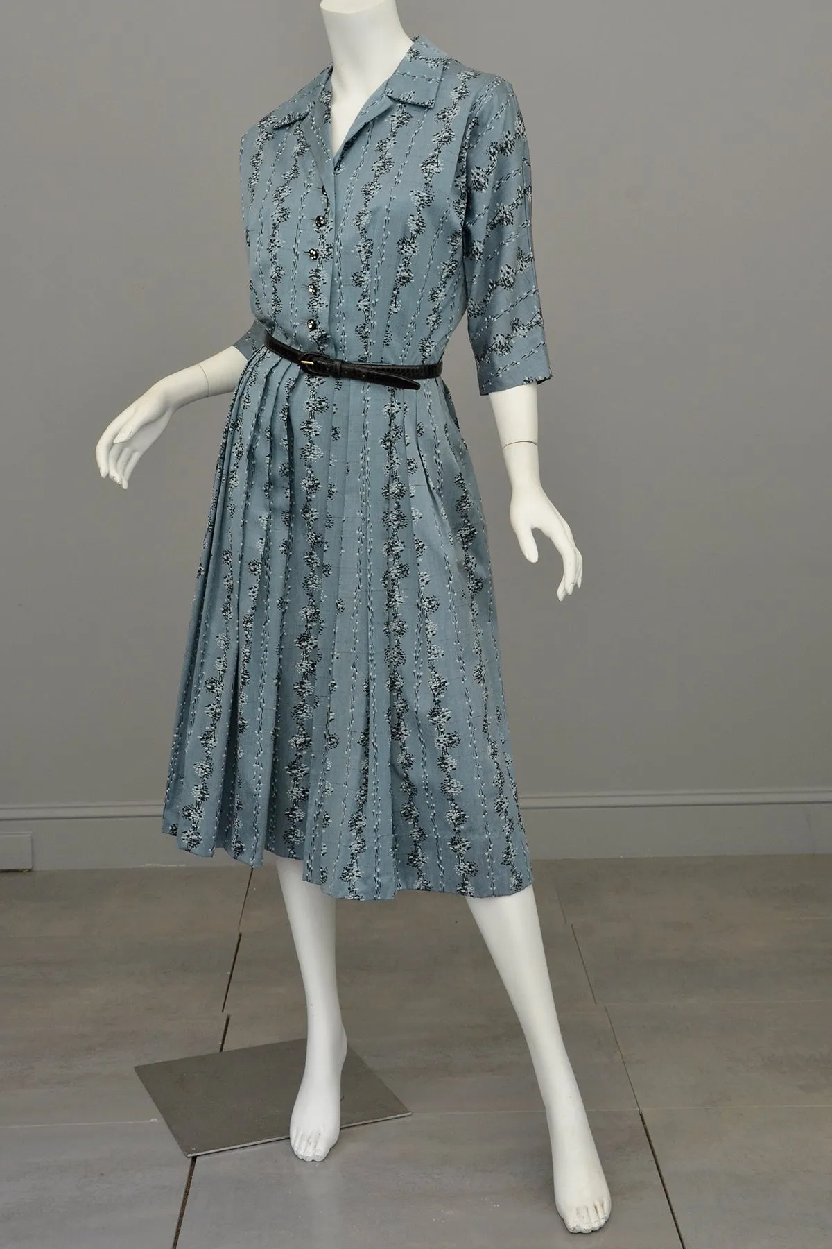 1950s Slate Blue Atomic Print Dress