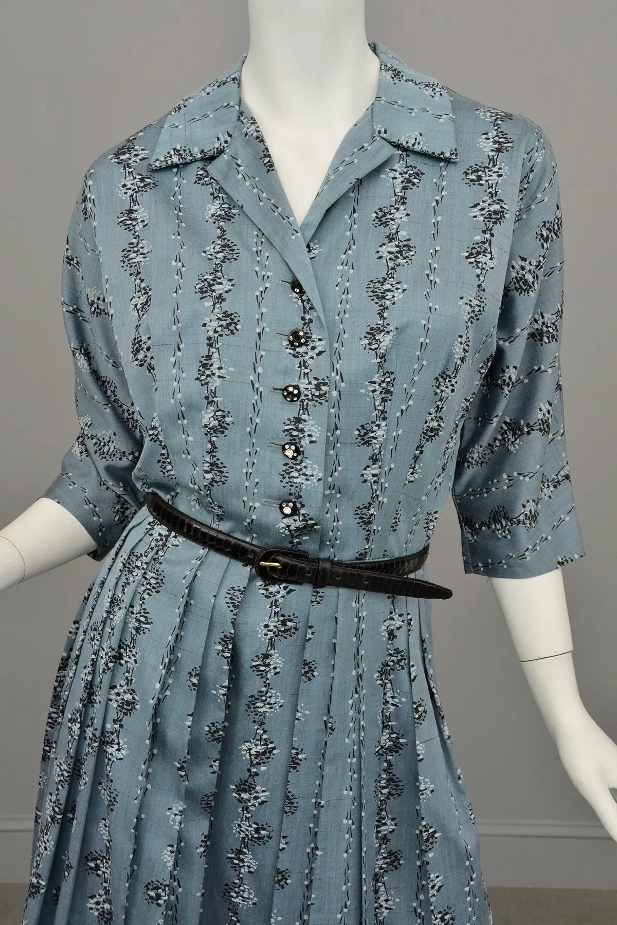 1950s Slate Blue Atomic Print Dress