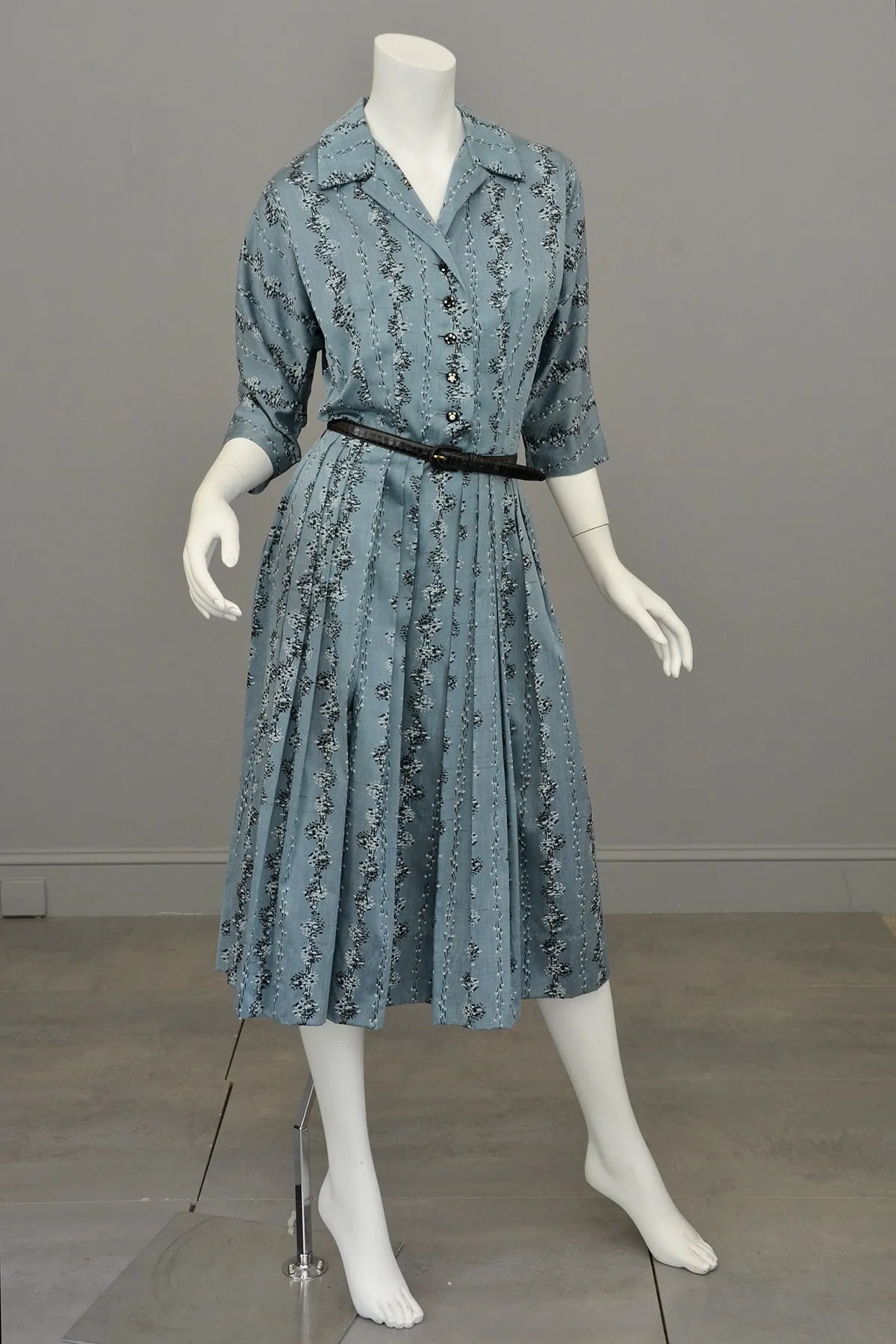 1950s Slate Blue Atomic Print Dress