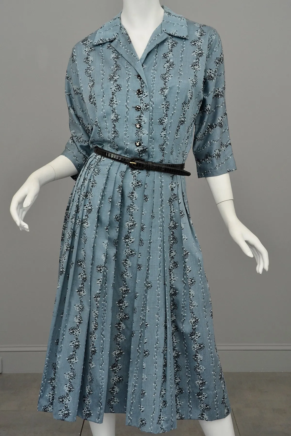 1950s Slate Blue Atomic Print Dress