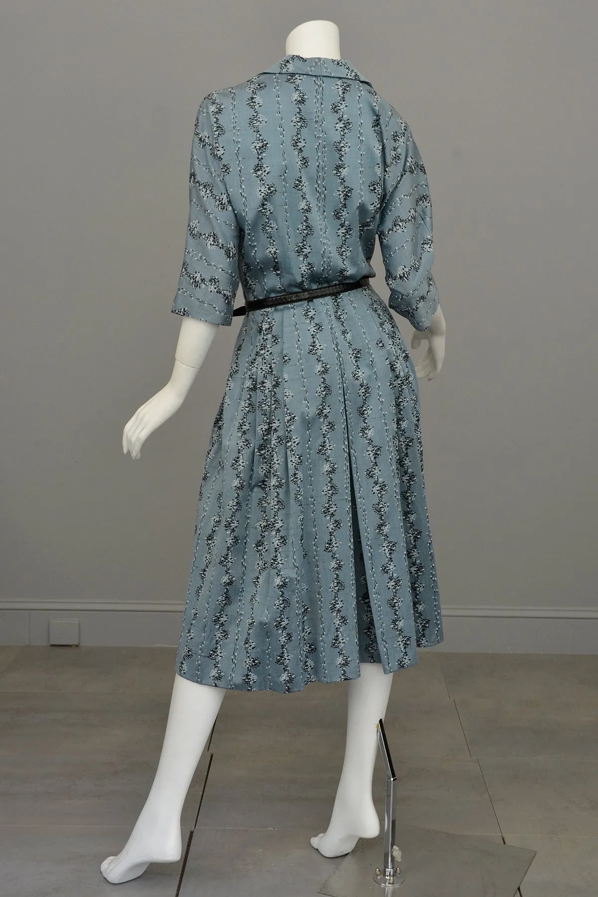 1950s Slate Blue Atomic Print Dress