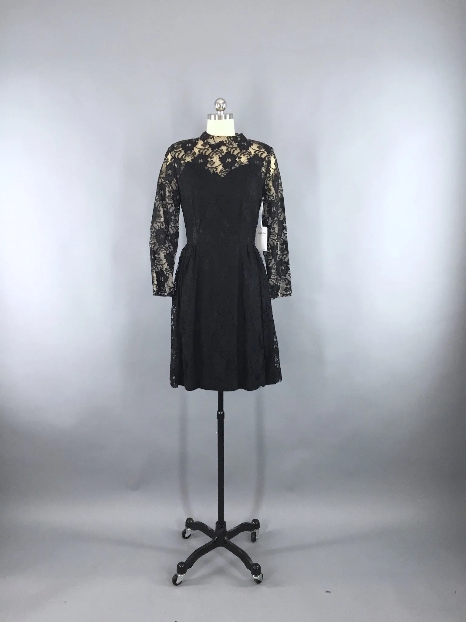 1960s Vintage Black Lace Illusion Cocktail Dress