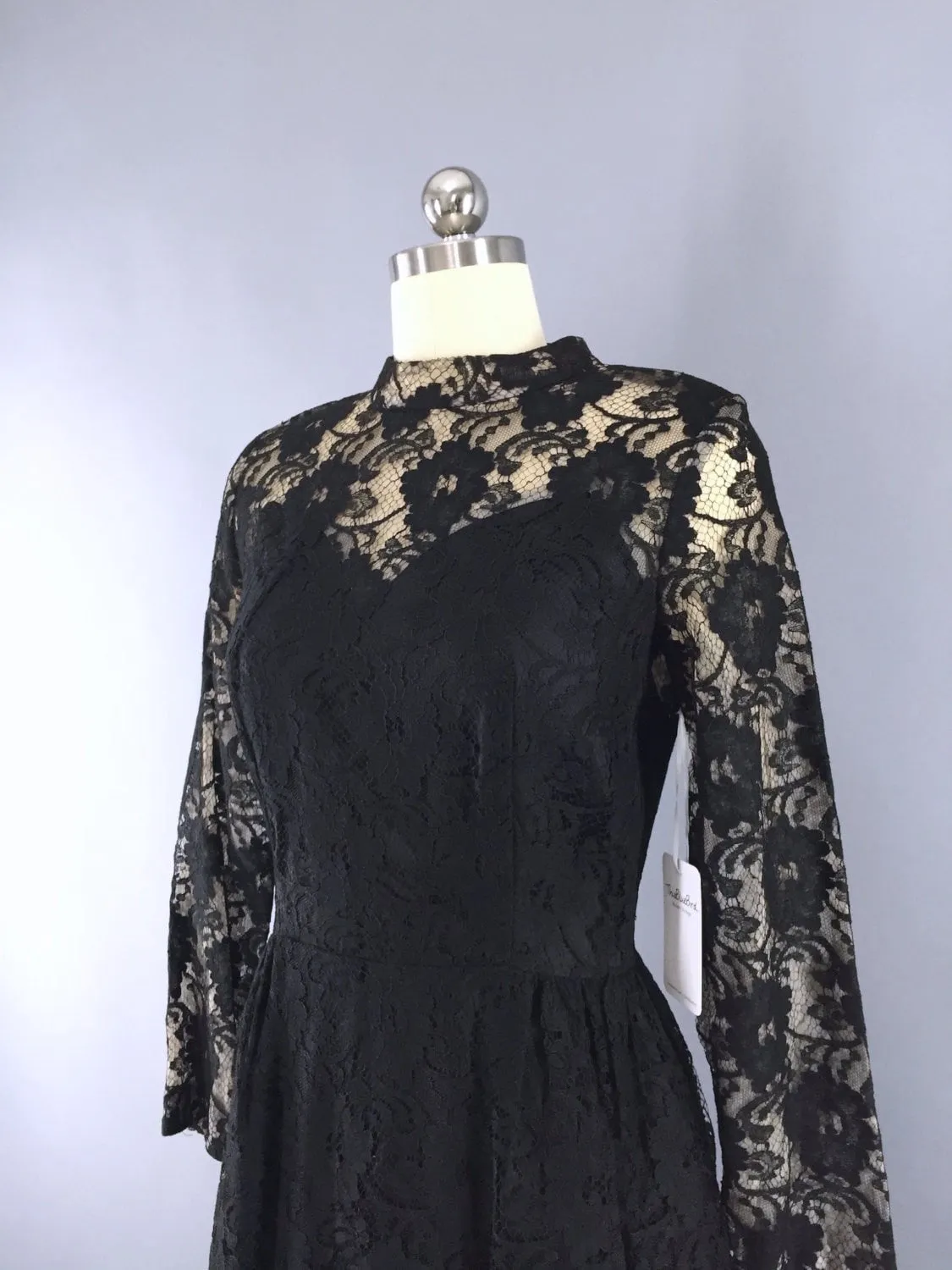 1960s Vintage Black Lace Illusion Cocktail Dress