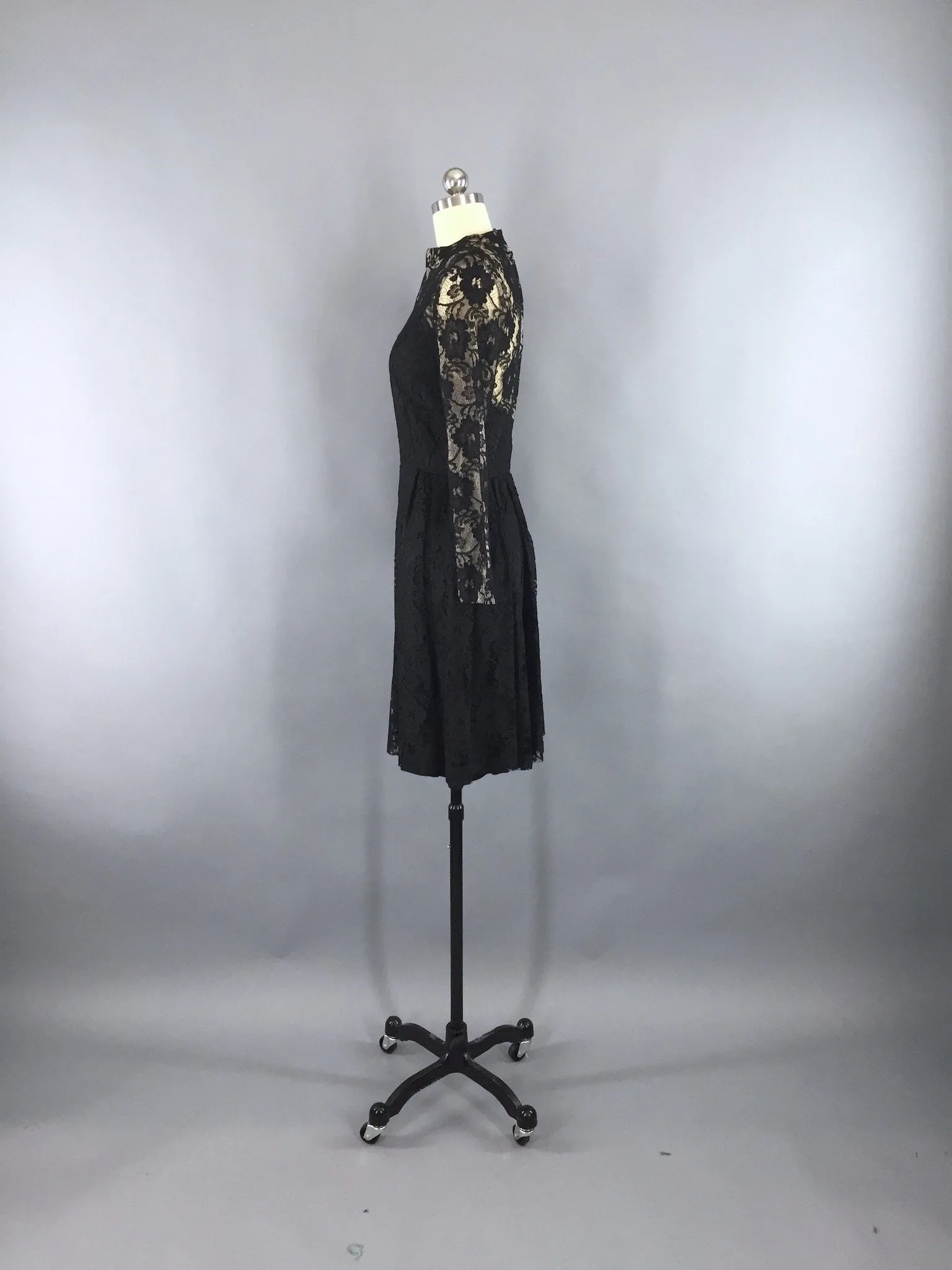 1960s Vintage Black Lace Illusion Cocktail Dress