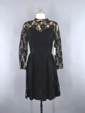 1960s Vintage Black Lace Illusion Cocktail Dress