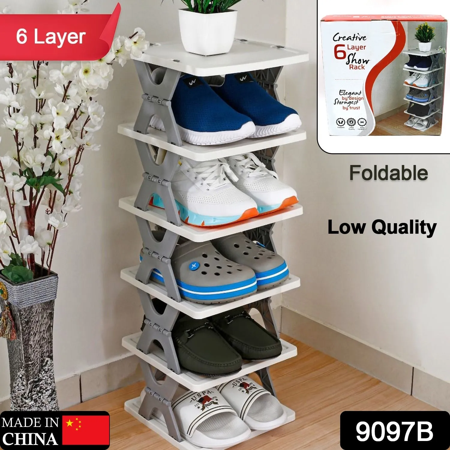 9097B  Low Quality Smart Shoe Rack with 6 Layer Shoes Stand Multifunctional Entryway Foldable & Collapsible Door Shoe Rack Free Standing Heavy Duty Plastic Shoe Shelf Storage Organizer Narrow Footwear Home