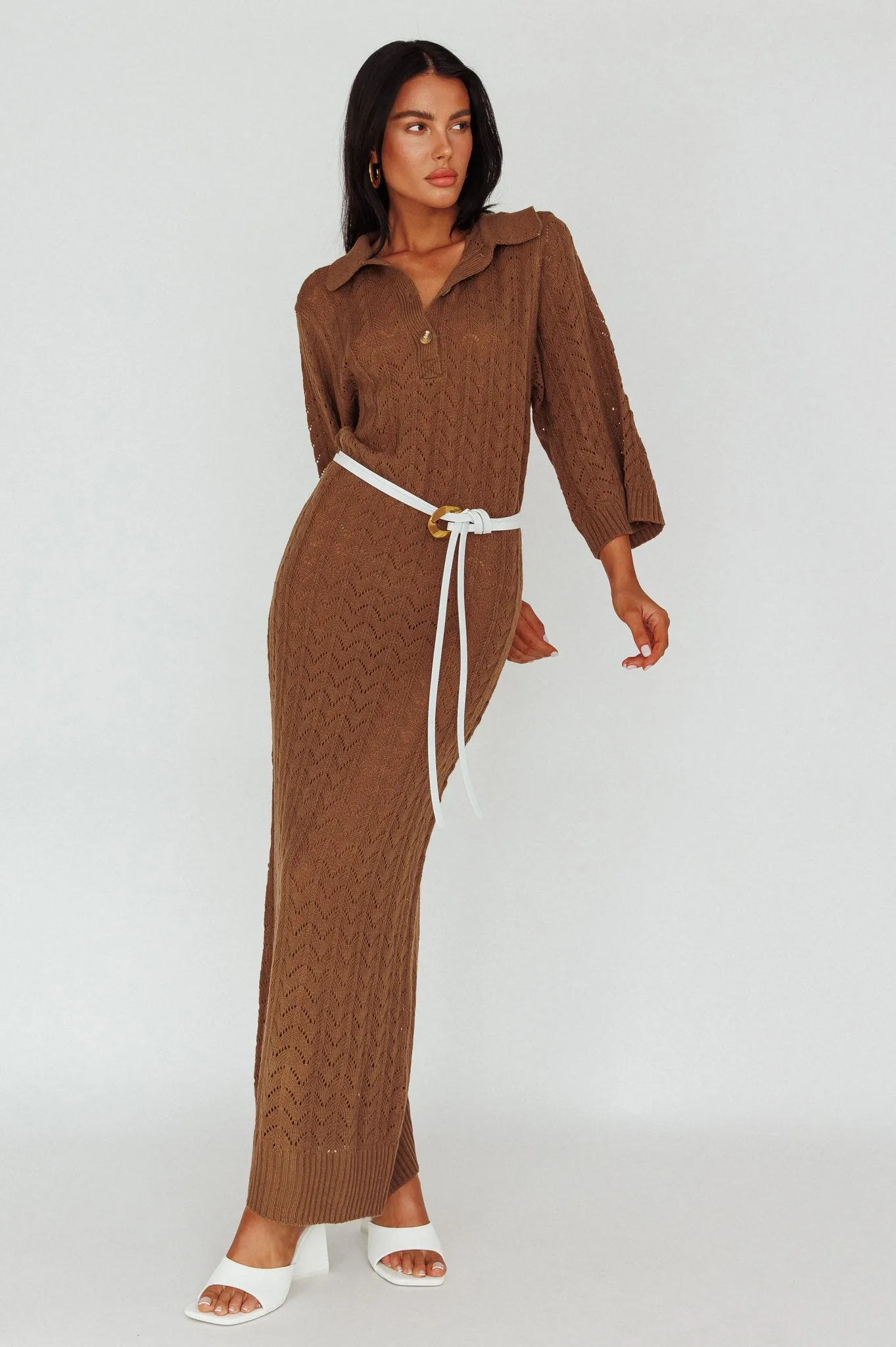 Alouette 3/4 Sleeve Crochet Midi Dress Cocoa