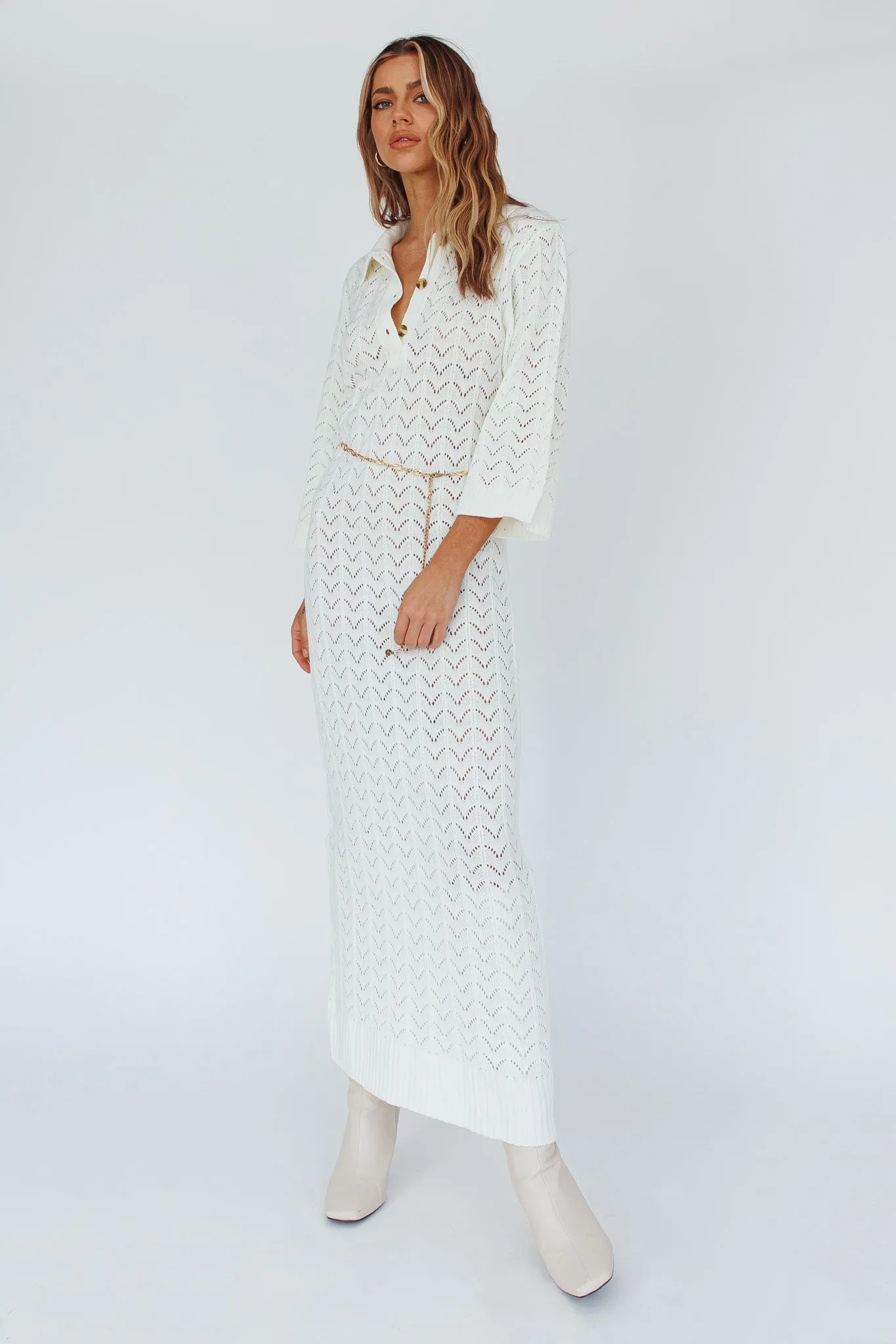 Alouette 3/4 Sleeve Crochet Midi Dress Cream