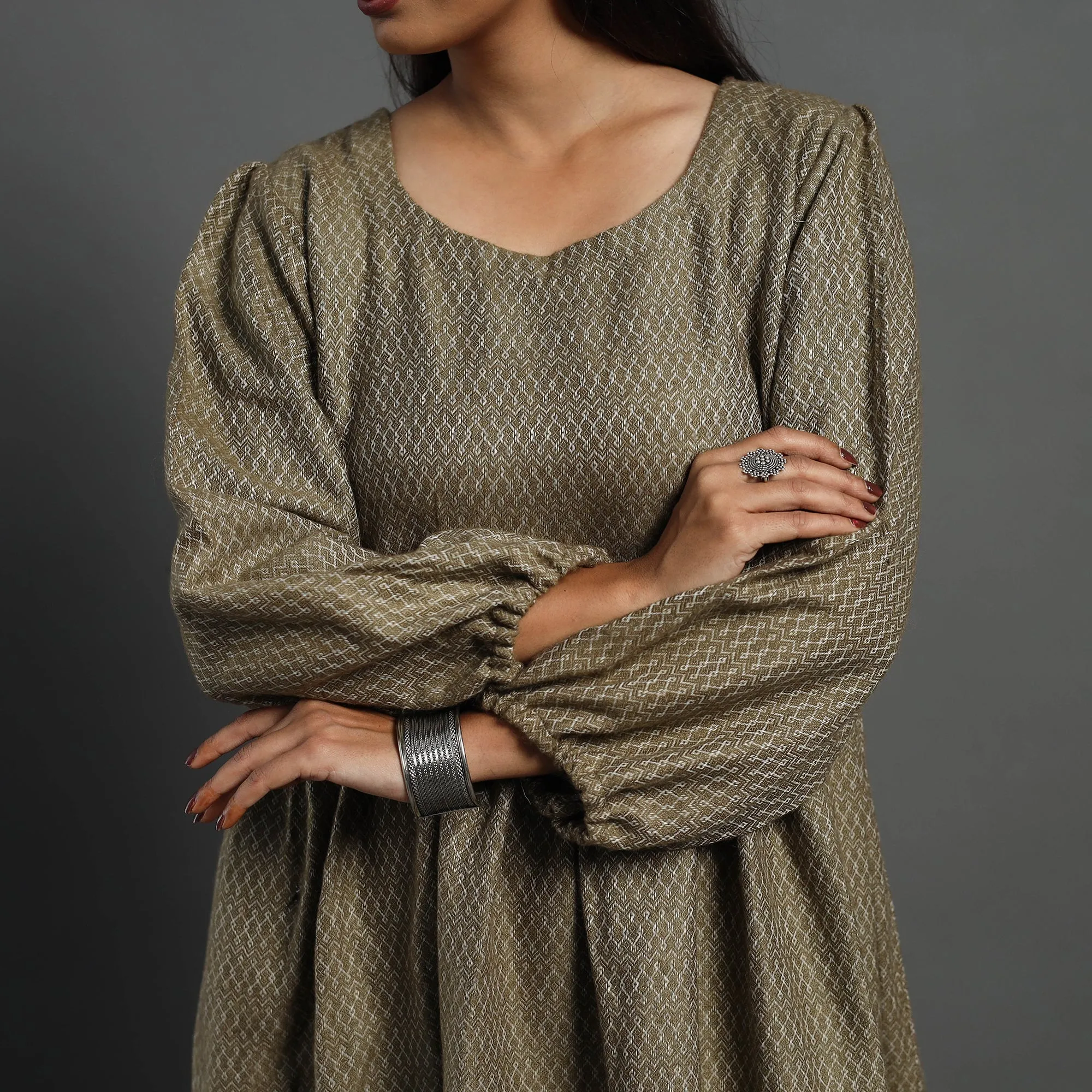 Ananya Brown Plain Flared Woolen Dress 04