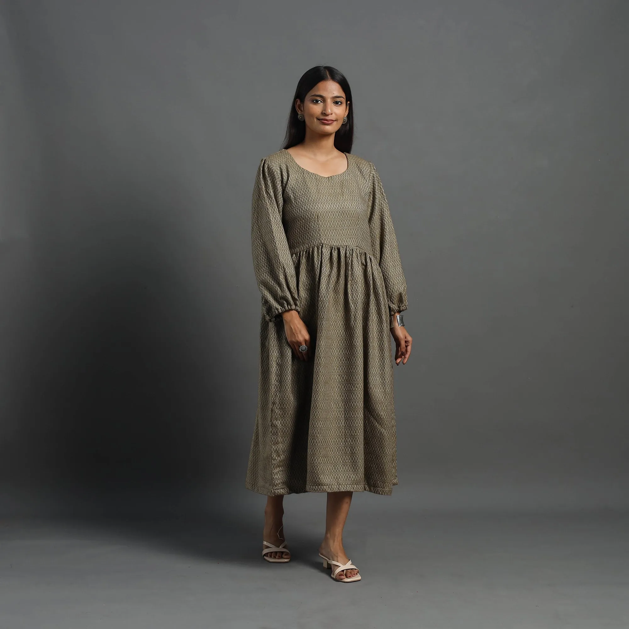 Ananya Brown Plain Flared Woolen Dress 04