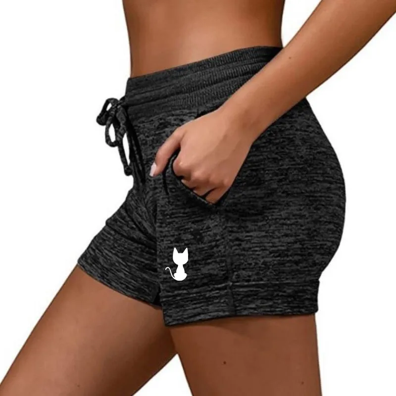 Back View Cat Printed Elastic Casual Sports shorts for Women