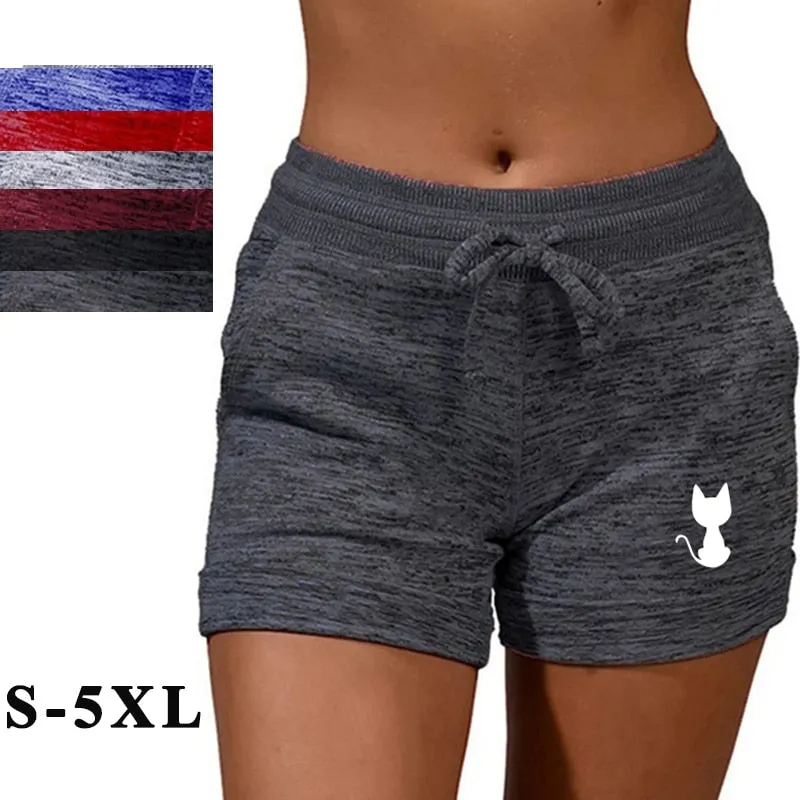 Back View Cat Printed Elastic Casual Sports shorts for Women