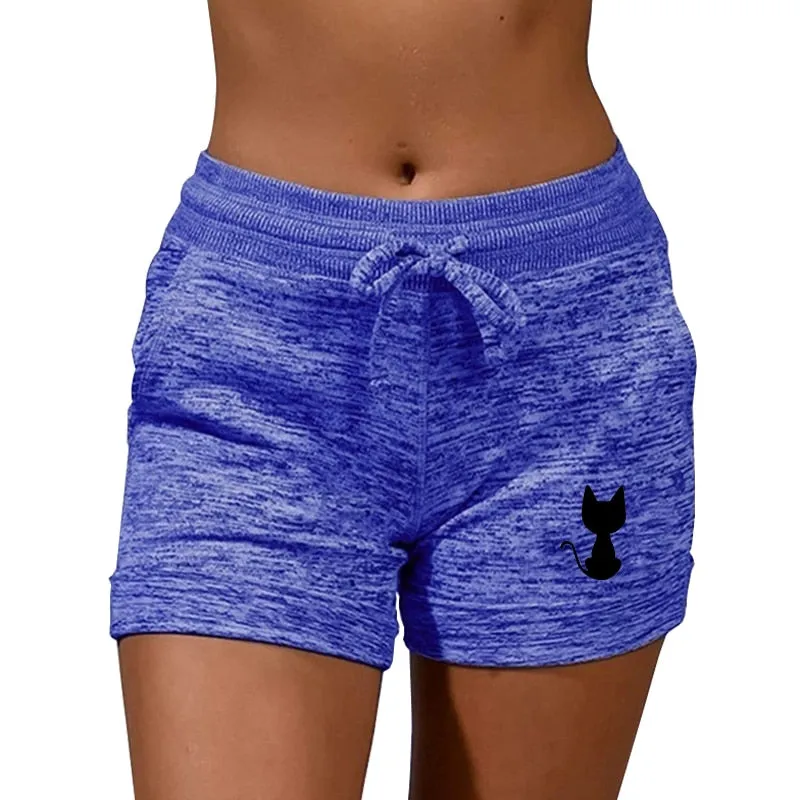 Back View Cat Printed Elastic Casual Sports shorts for Women