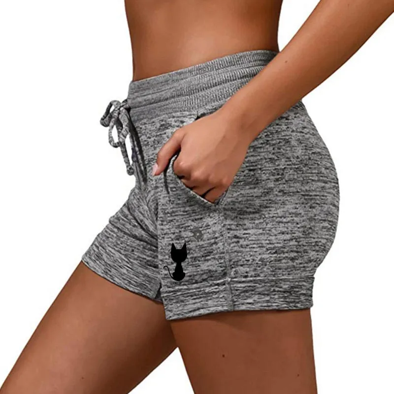 Back View Cat Printed Elastic Casual Sports shorts for Women