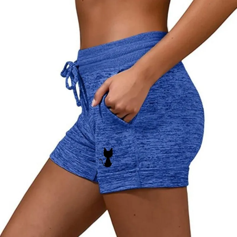 Back View Cat Printed Elastic Casual Sports shorts for Women