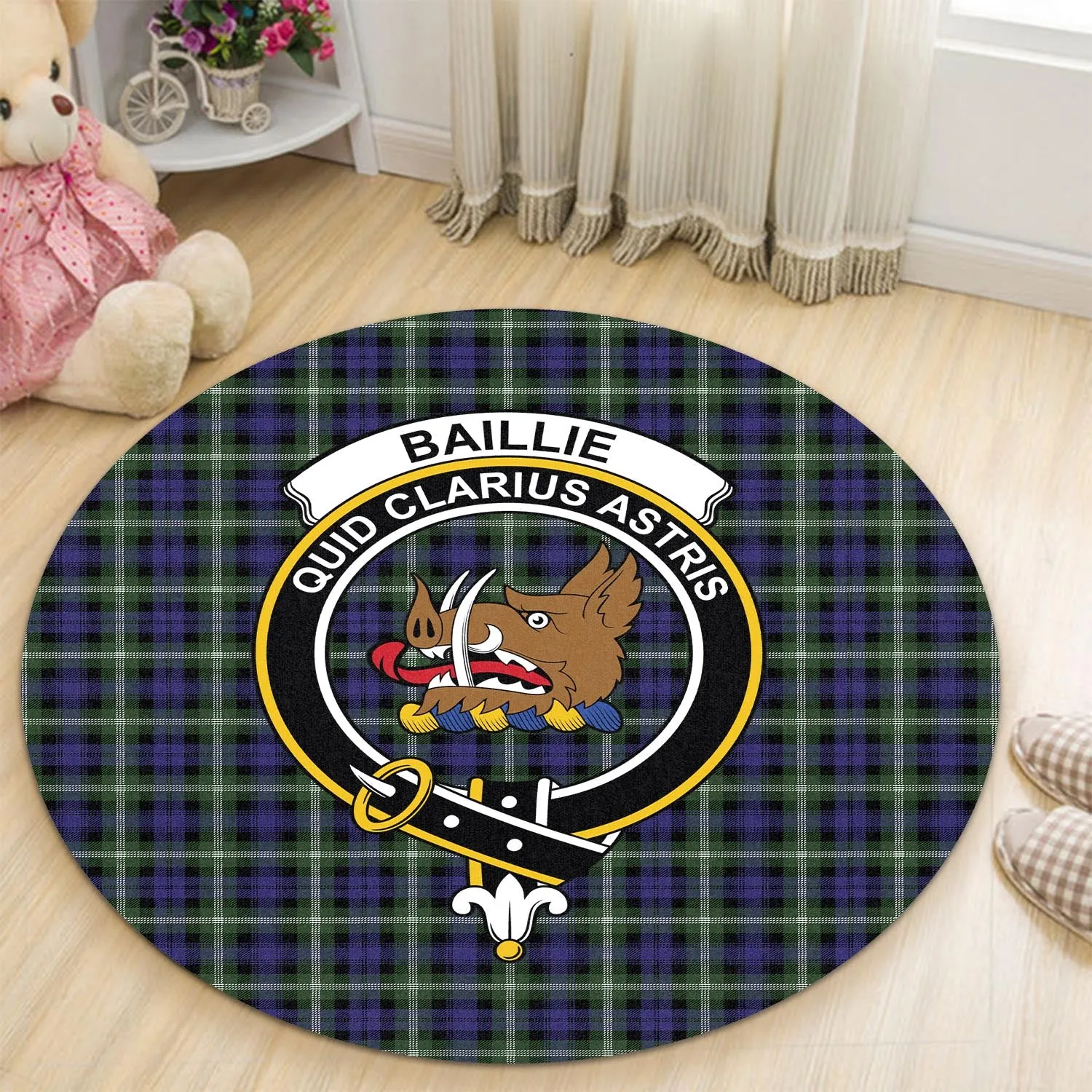 Baillie (Bailey) Tartan Round Rug with Family Crest