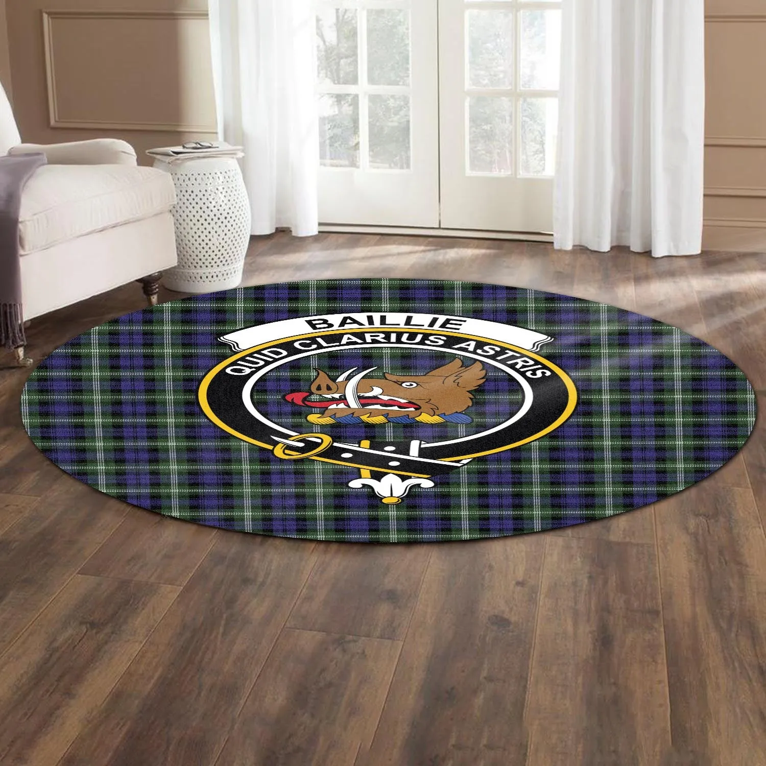 Baillie (Bailey) Tartan Round Rug with Family Crest