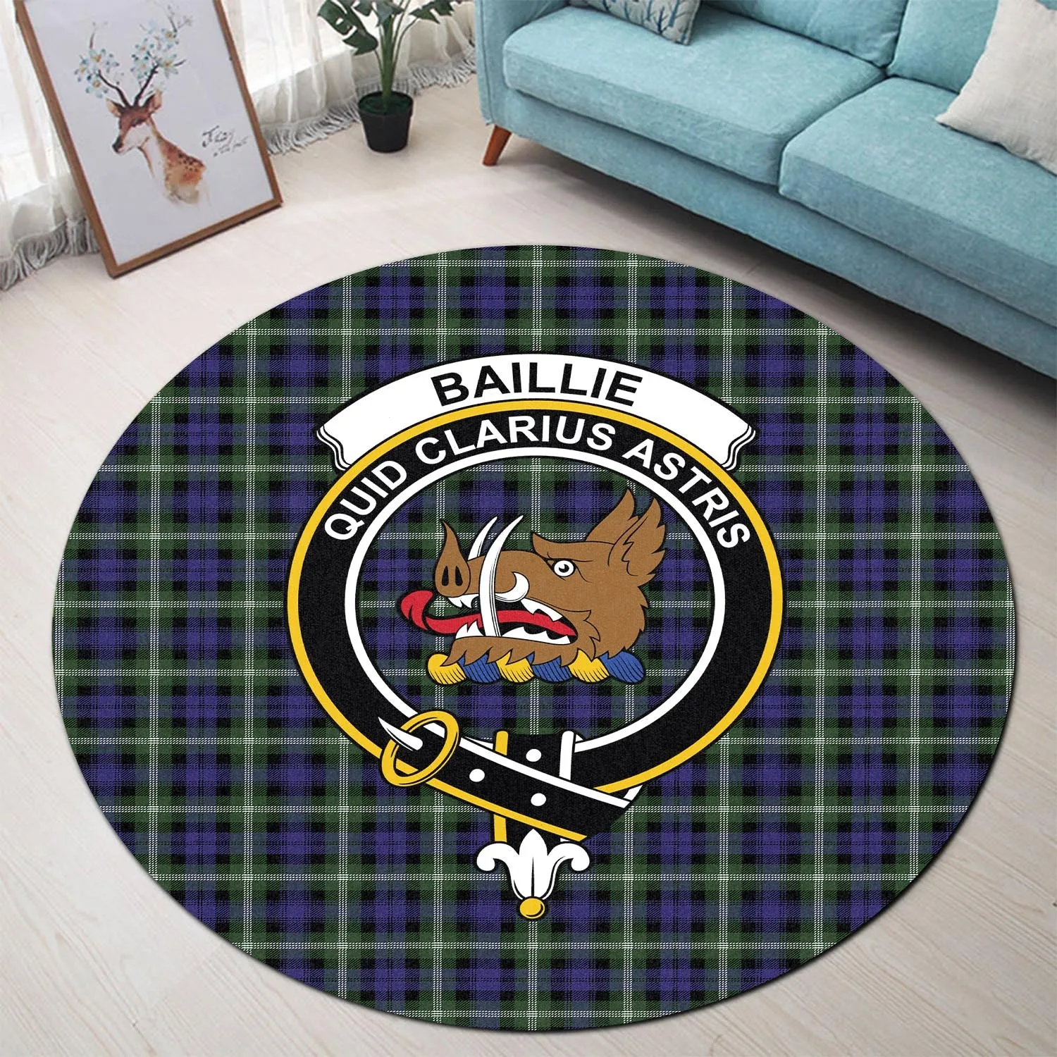 Baillie (Bailey) Tartan Round Rug with Family Crest