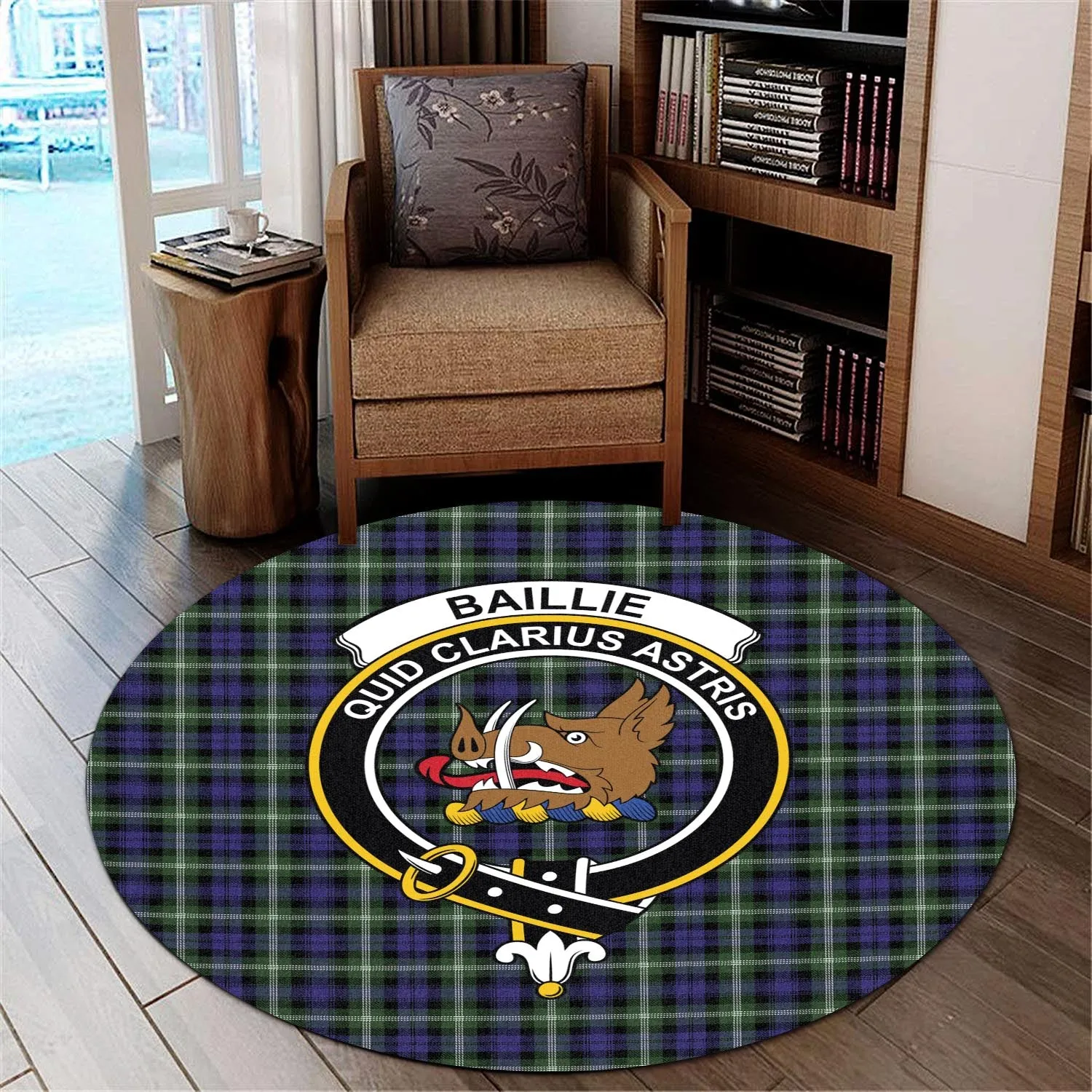 Baillie (Bailey) Tartan Round Rug with Family Crest