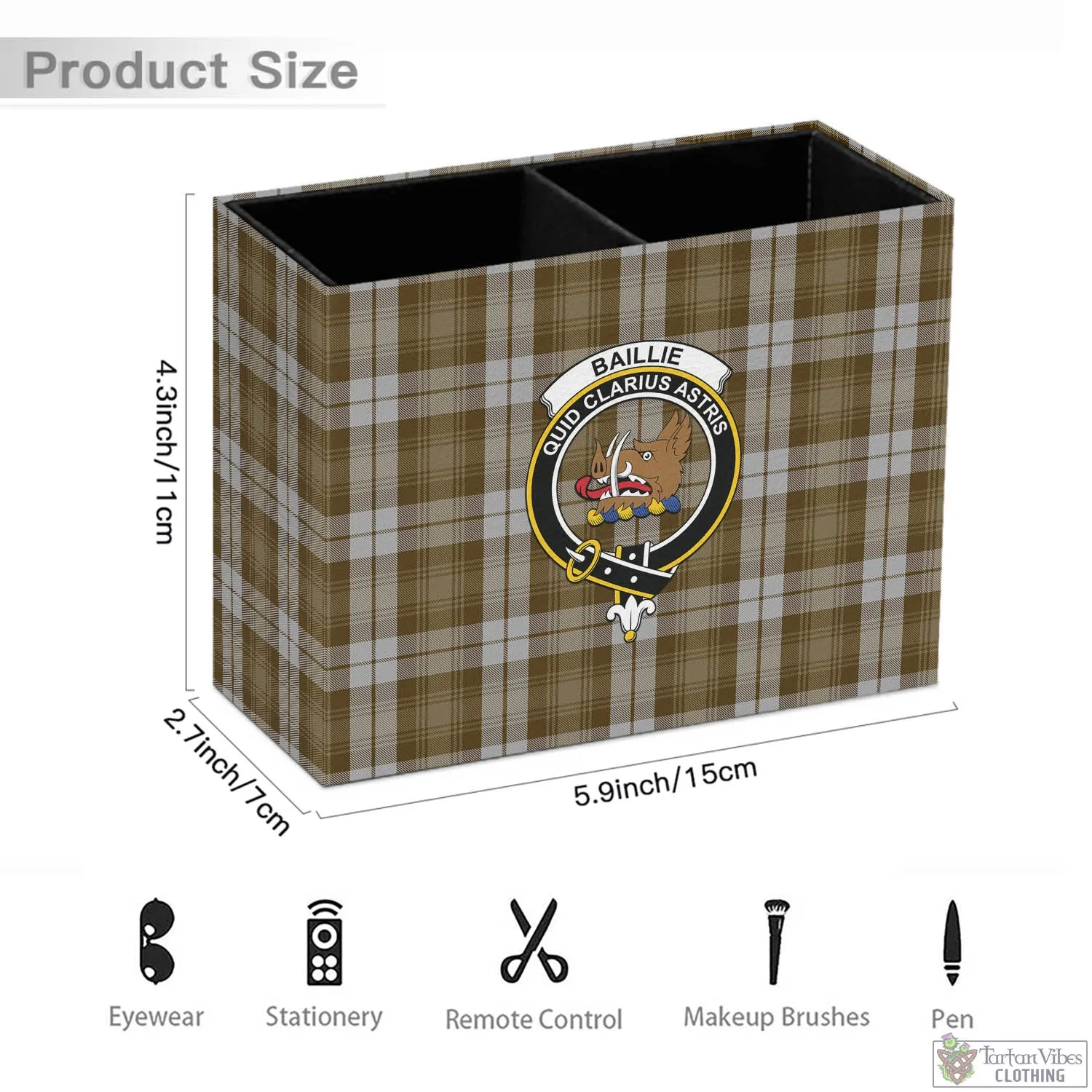 Baillie Dress Tartan Pen Holder with Family Crest