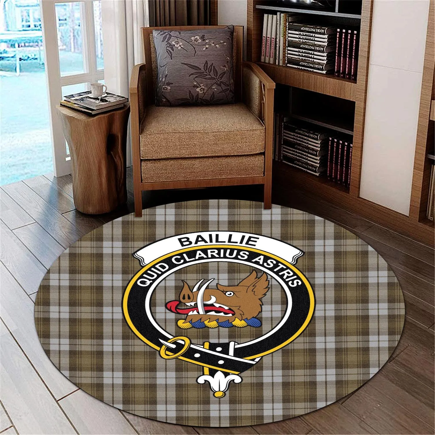 Baillie Dress Tartan Round Rug with Family Crest