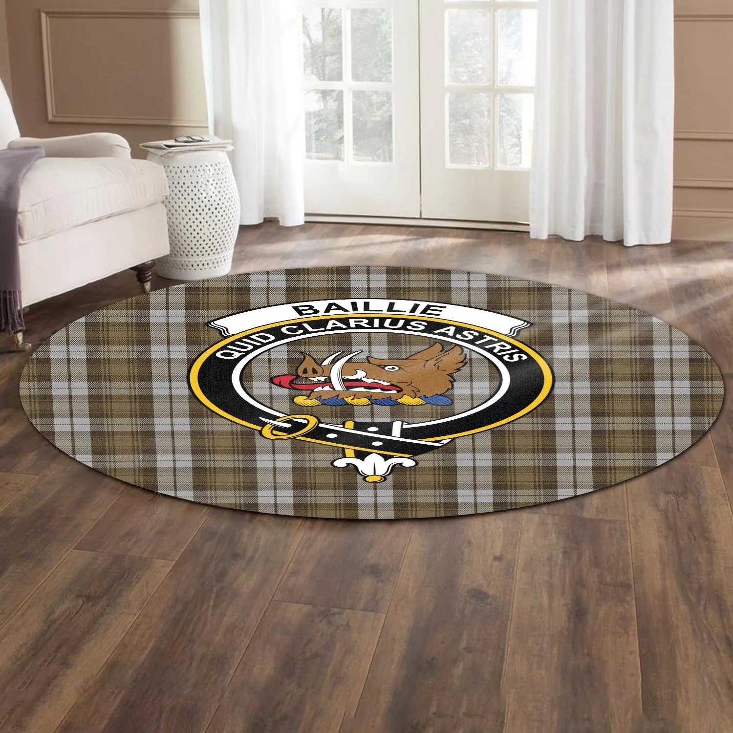 Baillie Dress Tartan Round Rug with Family Crest