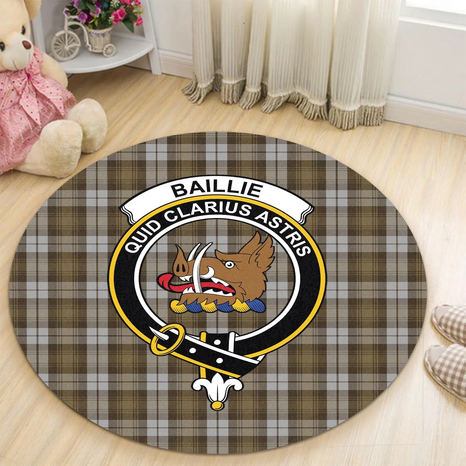 Baillie Dress Tartan Round Rug with Family Crest