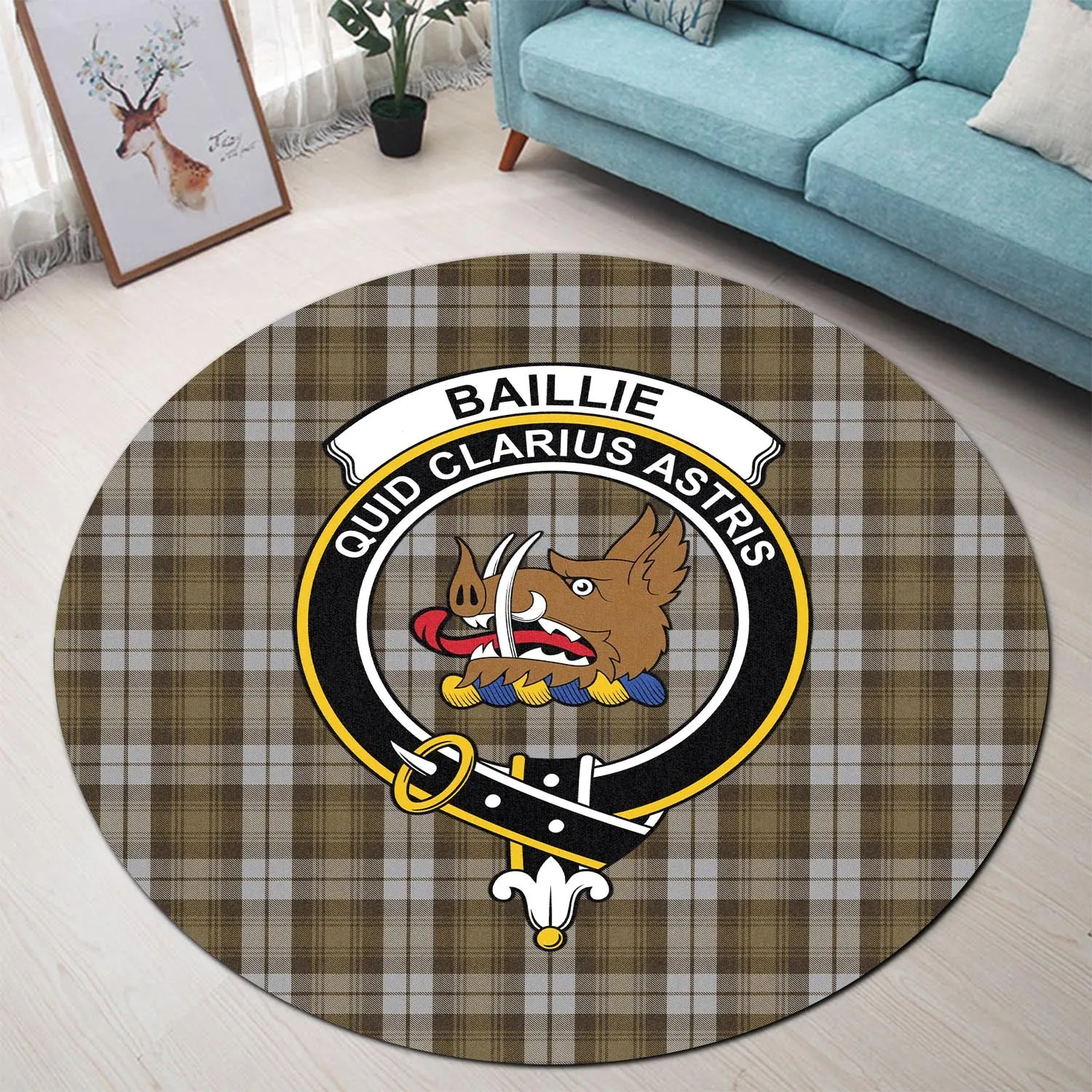 Baillie Dress Tartan Round Rug with Family Crest