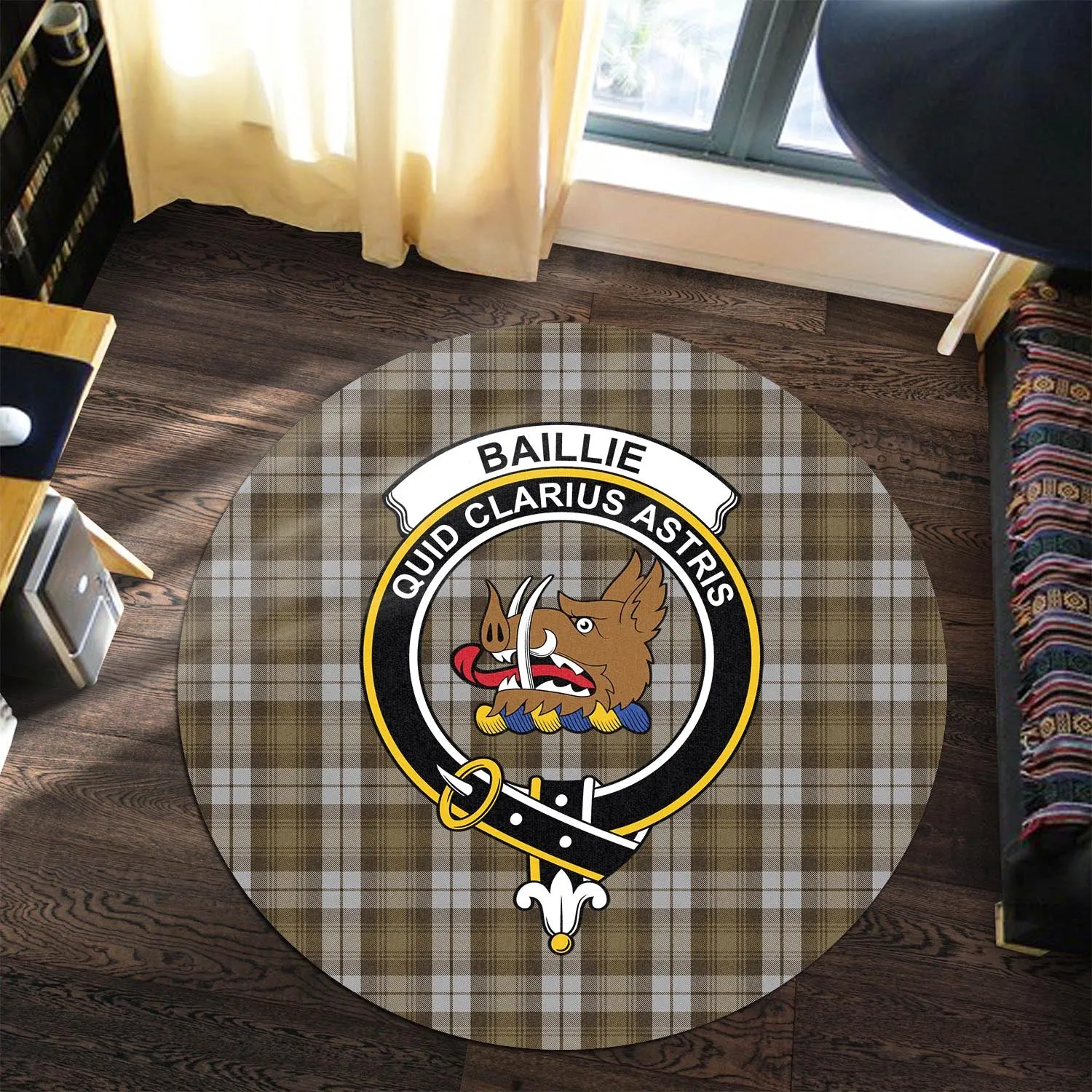 Baillie Dress Tartan Round Rug with Family Crest