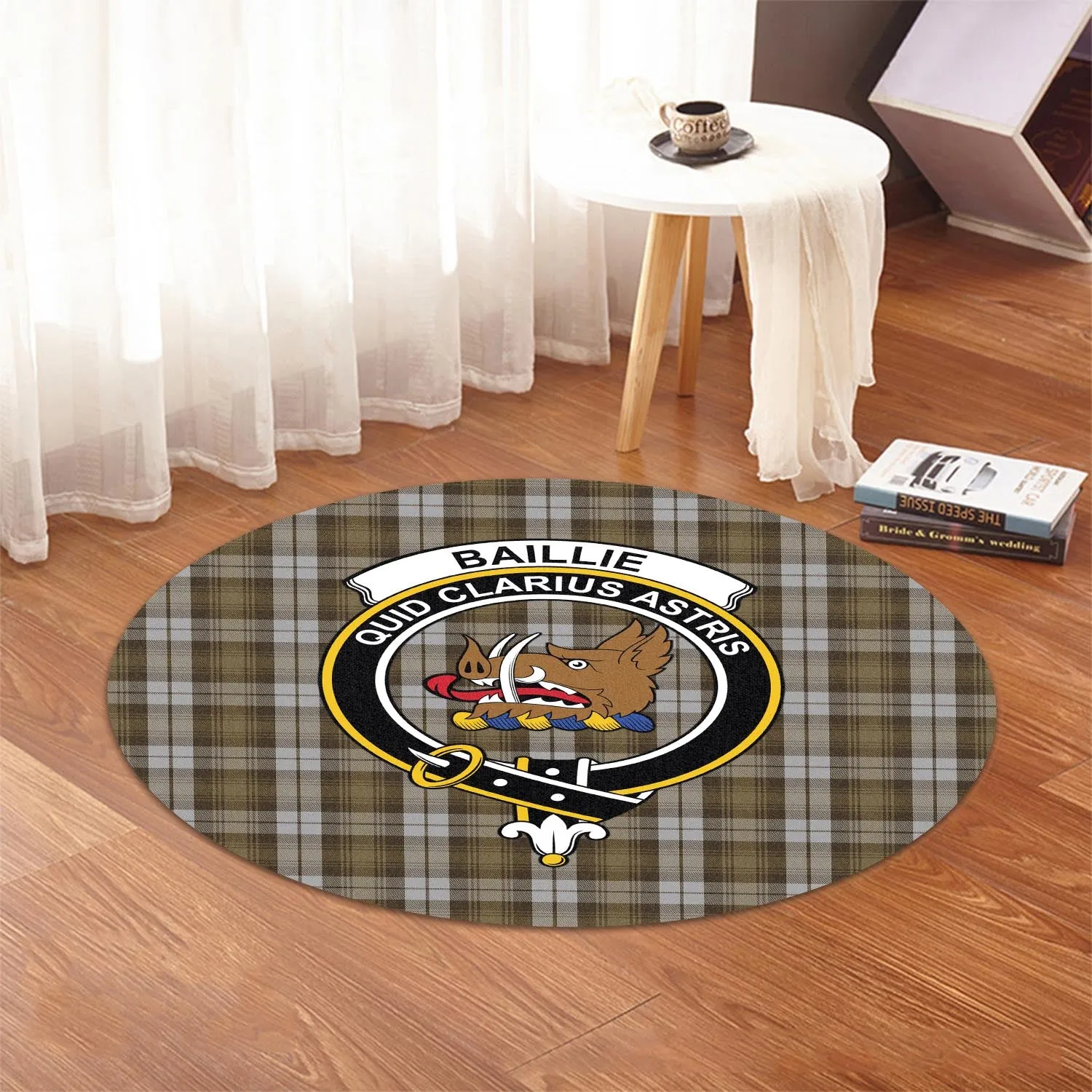 Baillie Dress Tartan Round Rug with Family Crest