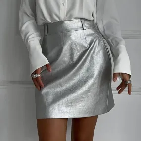 Basic Temperament Silver Sheath Slim Fashion Bodycon High Waist Elegant Skirt