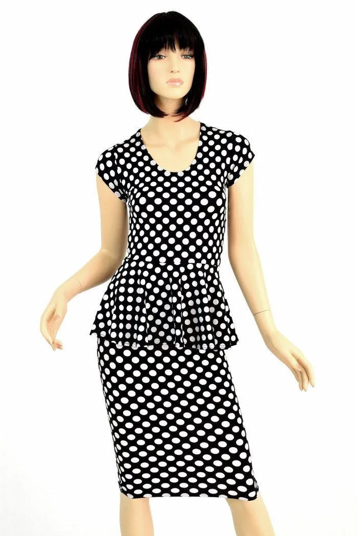 Black & White Polka Dot Peplum & Skirt Set