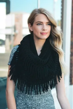 Black Chenille Fringe Infinity Scarf Tassel Honeycomb Winter Soft Casual