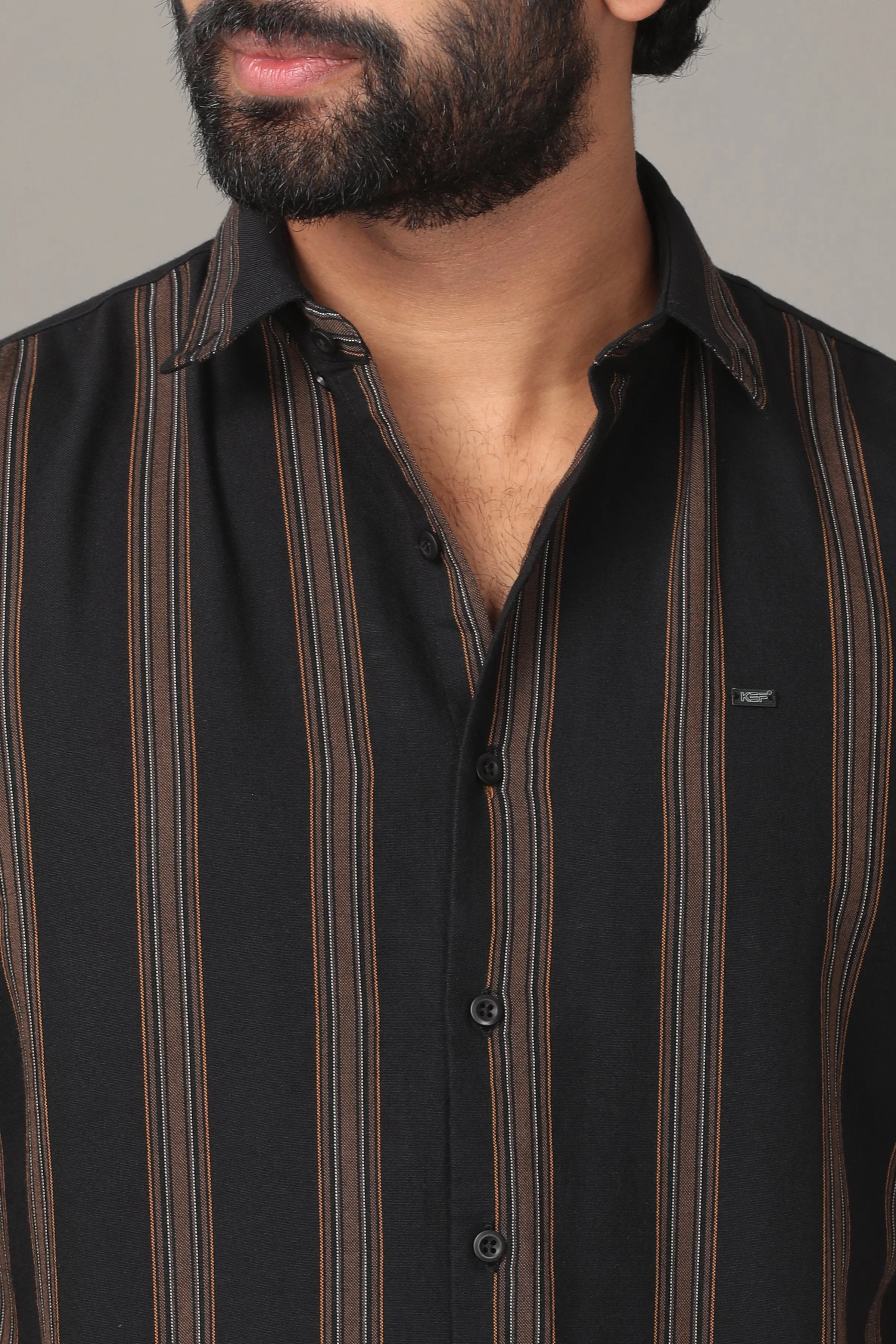 Black Full Sleeve Shirt with Brown Stripes