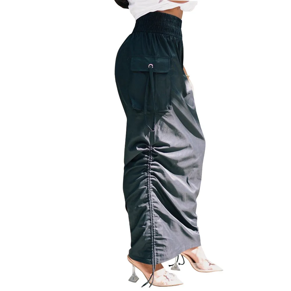 Black High Waist Drawstring Multipocket Midi Skirt