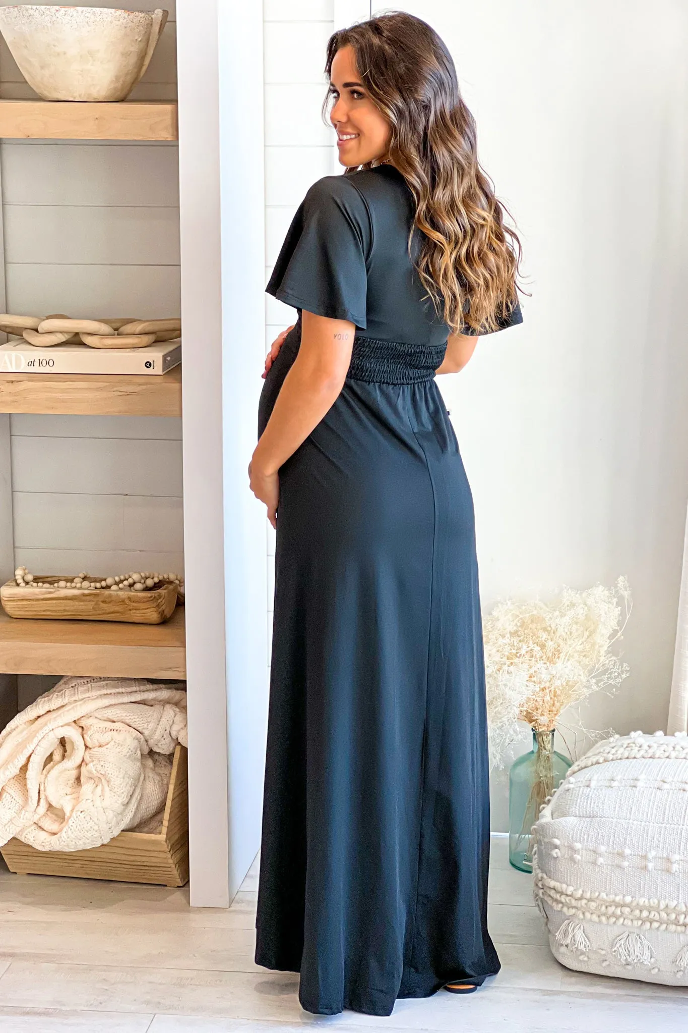 Black Maternity Maxi Dress with Slit and Short Sleeves