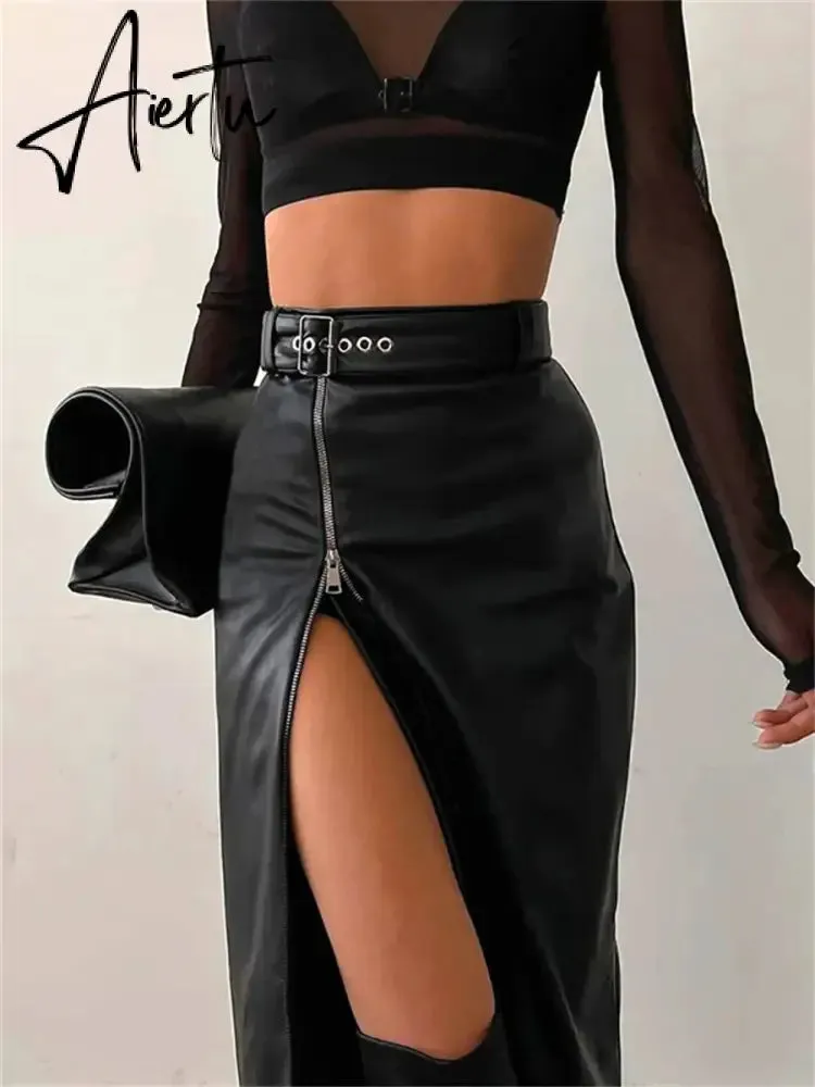 Black PU Leather High Waist Pencil Skirts Vintage Grunge Women Streetwear Zipper High Split Bodycon Midi Skirt with Belt