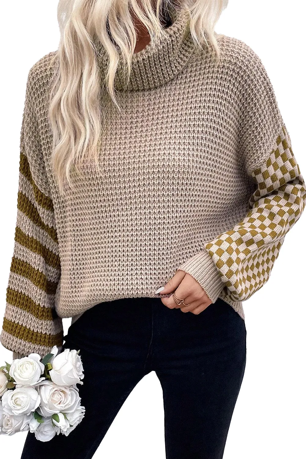 Black Striped Plaid Patchwork Waffle Knit Turtleneck Sweater