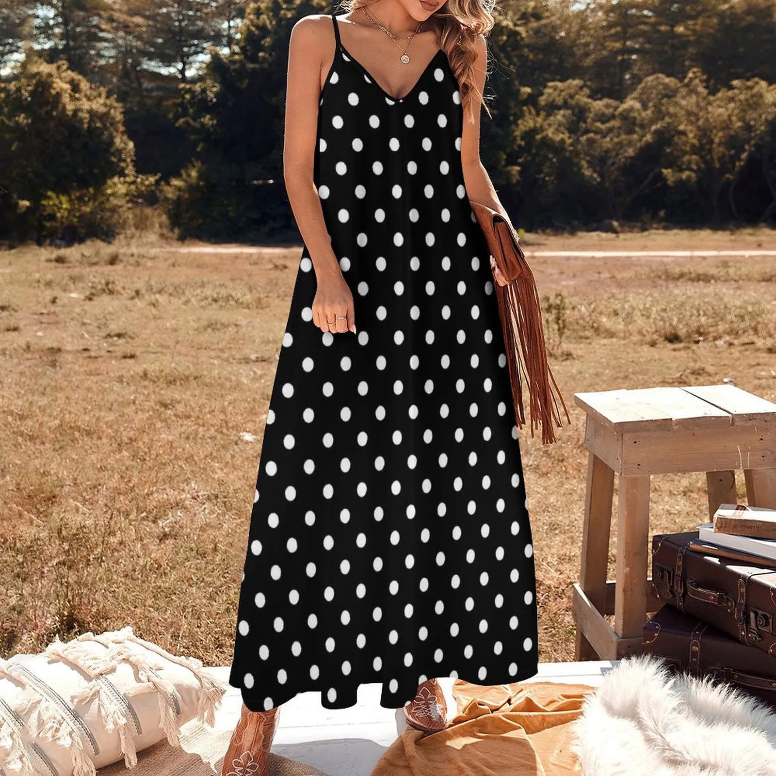 Black With White Polka Dots Women's Summer Slip Long Dress