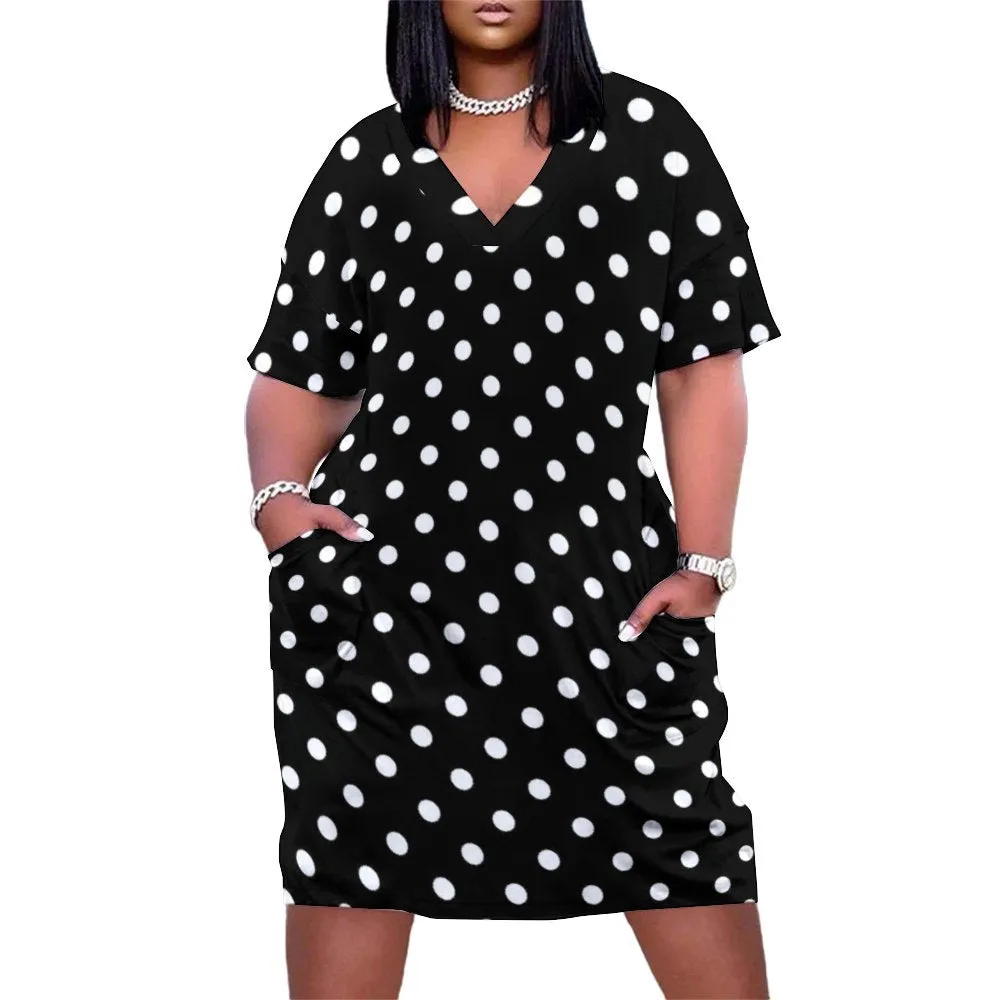 Black With White Polka Dots Women's V-neck Loose Dress With Pockets