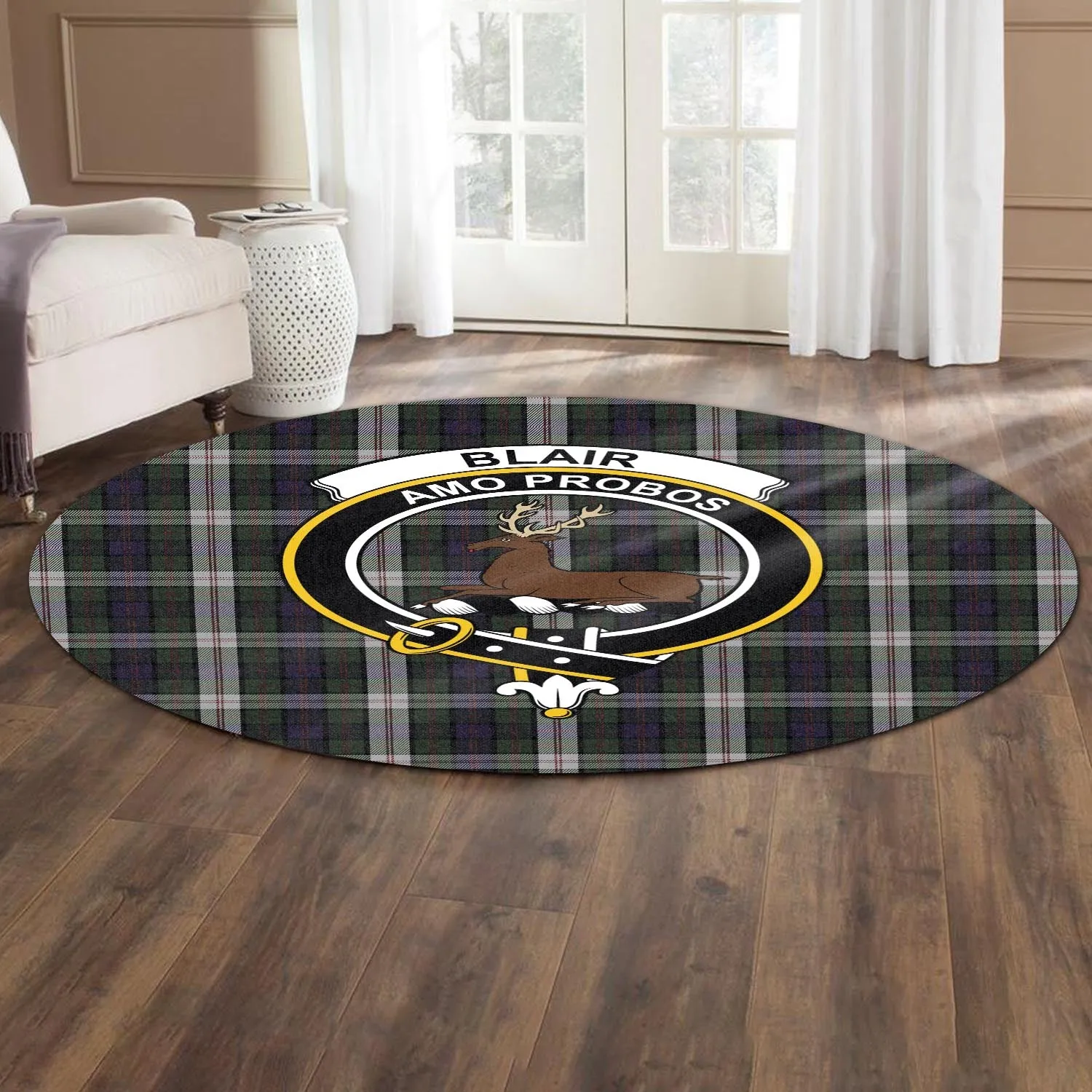 Blair Dress Tartan Round Rug with Family Crest