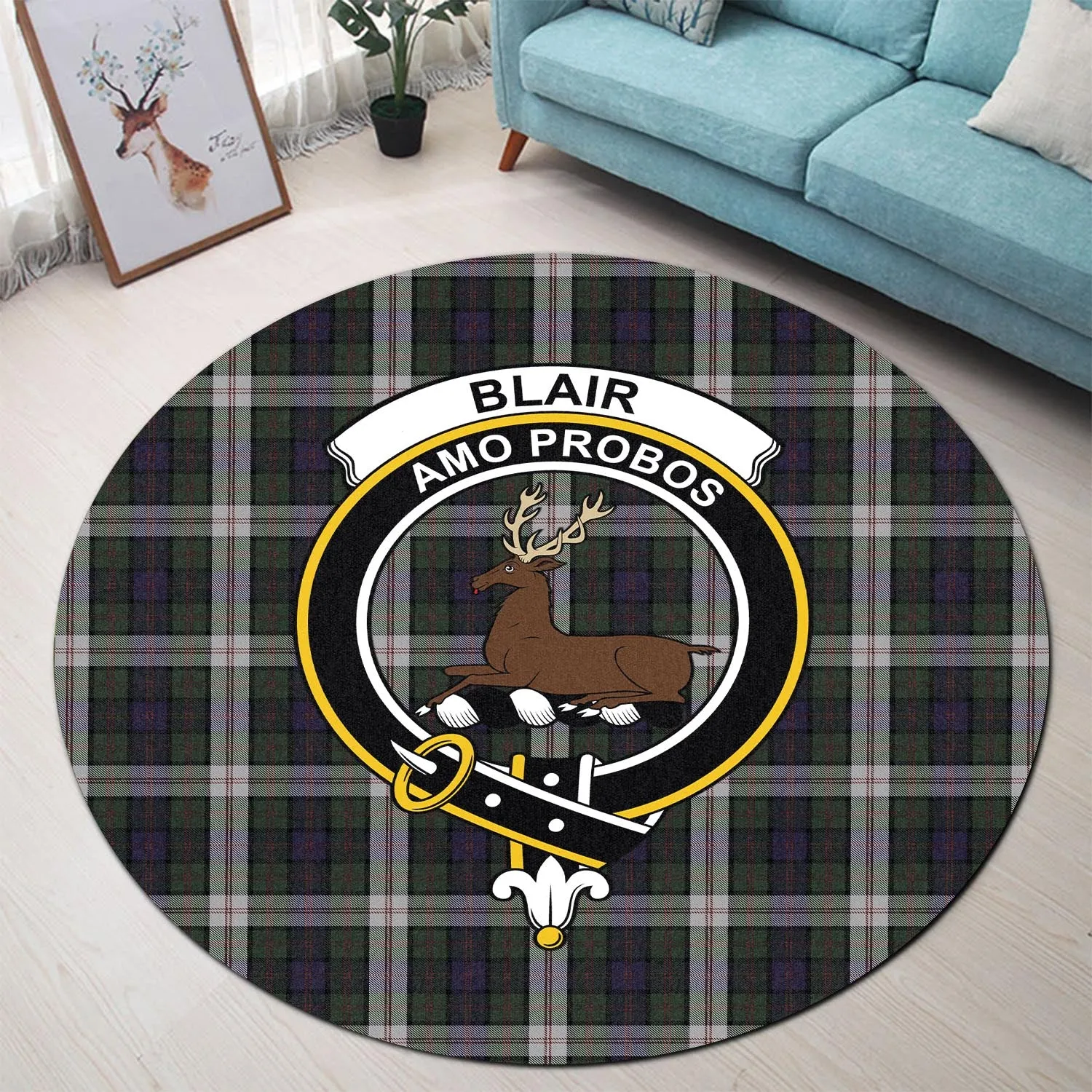 Blair Dress Tartan Round Rug with Family Crest