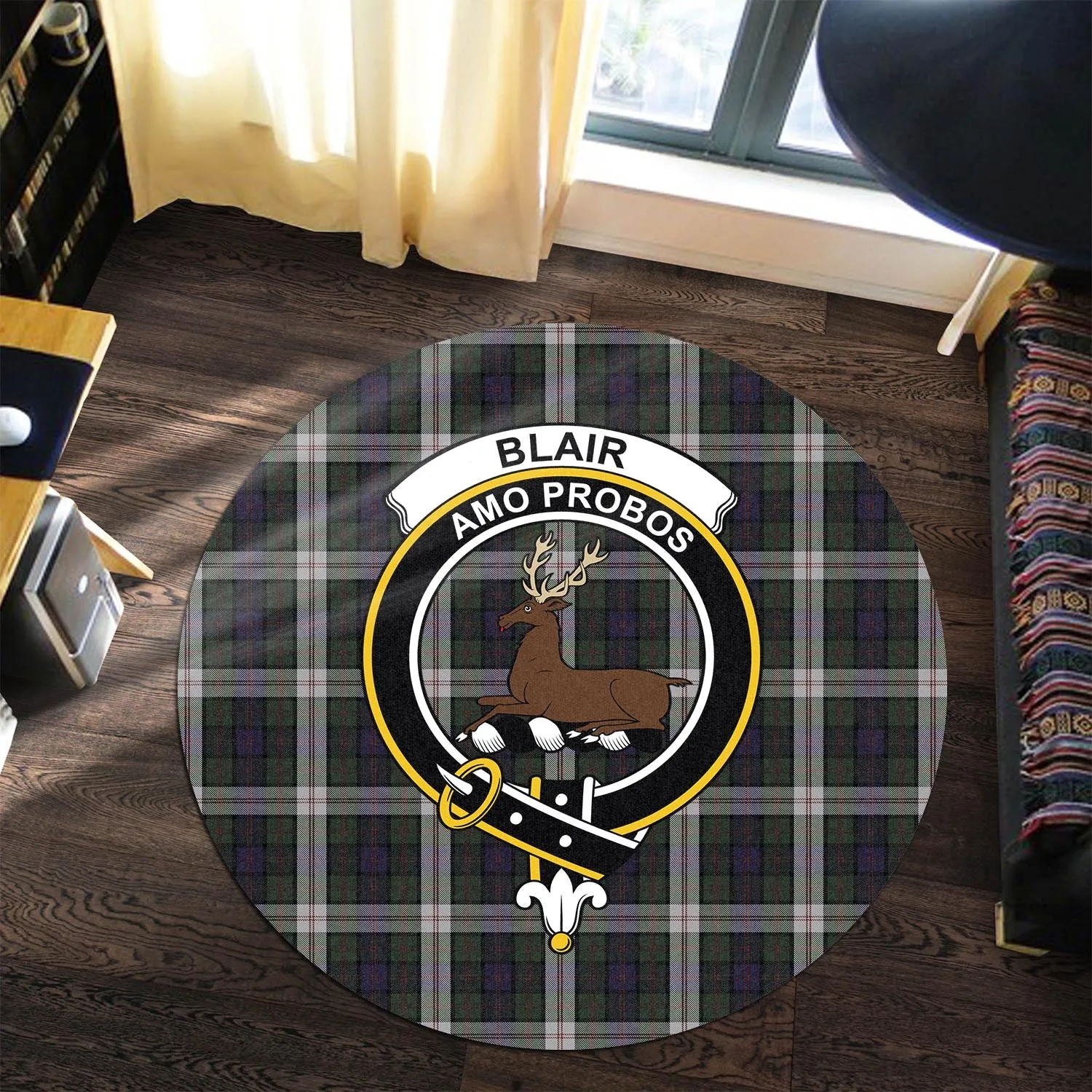 Blair Dress Tartan Round Rug with Family Crest